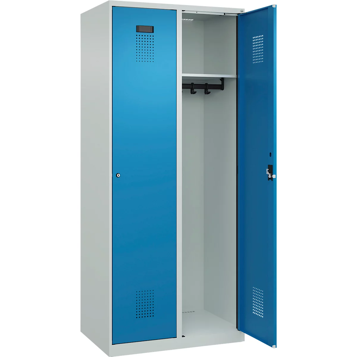 Kleiderspind C+P Evolo Plus, 2 Abteile, 400 mm breit, Zylinderschloss, Soft-Anschlag, B 800 x T 500 x H 1850 mm, lichtgrau/lichtblau