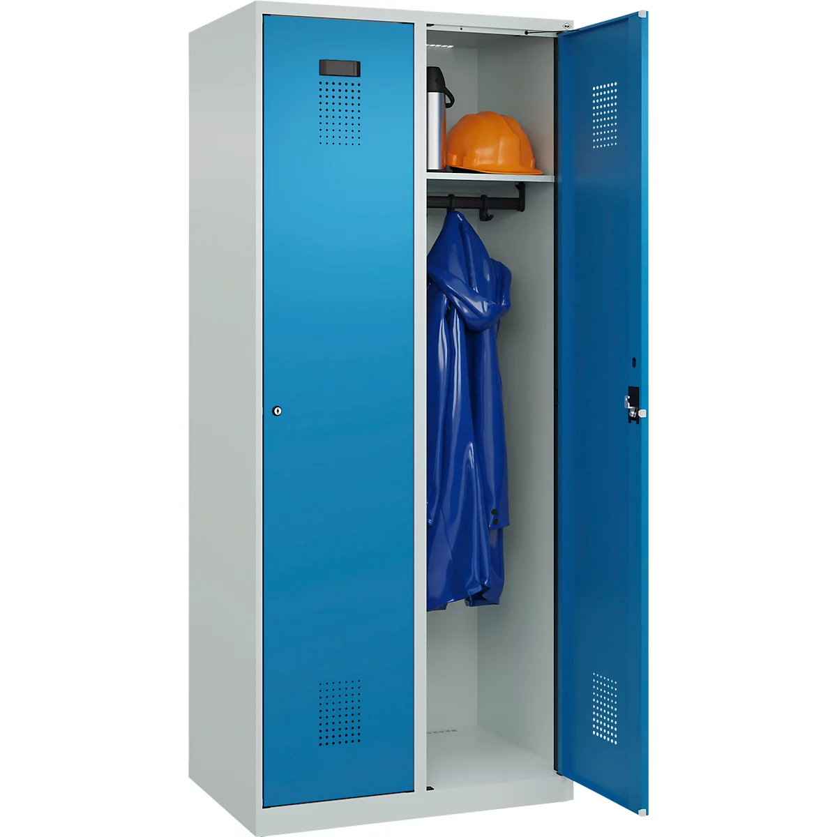 Kleiderspind C+P Evolo Plus, 2 Abteile, 400 mm breit, Zylinderschloss, Soft-Anschlag, B 800 x T 500 x H 1850 mm, lichtgrau/lichtblau