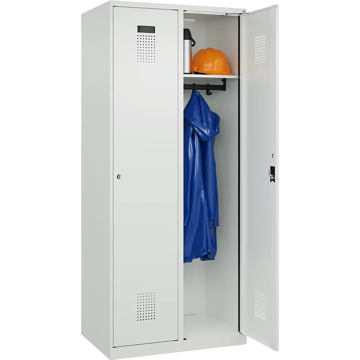 Kleiderspind C+P Evolo Plus, 2 Abteile, 400 mm breit, Zylinderschloss, Soft-Anschlag, B 800 x T 500 x H 1850 mm, lichtgrau/lichtgrau