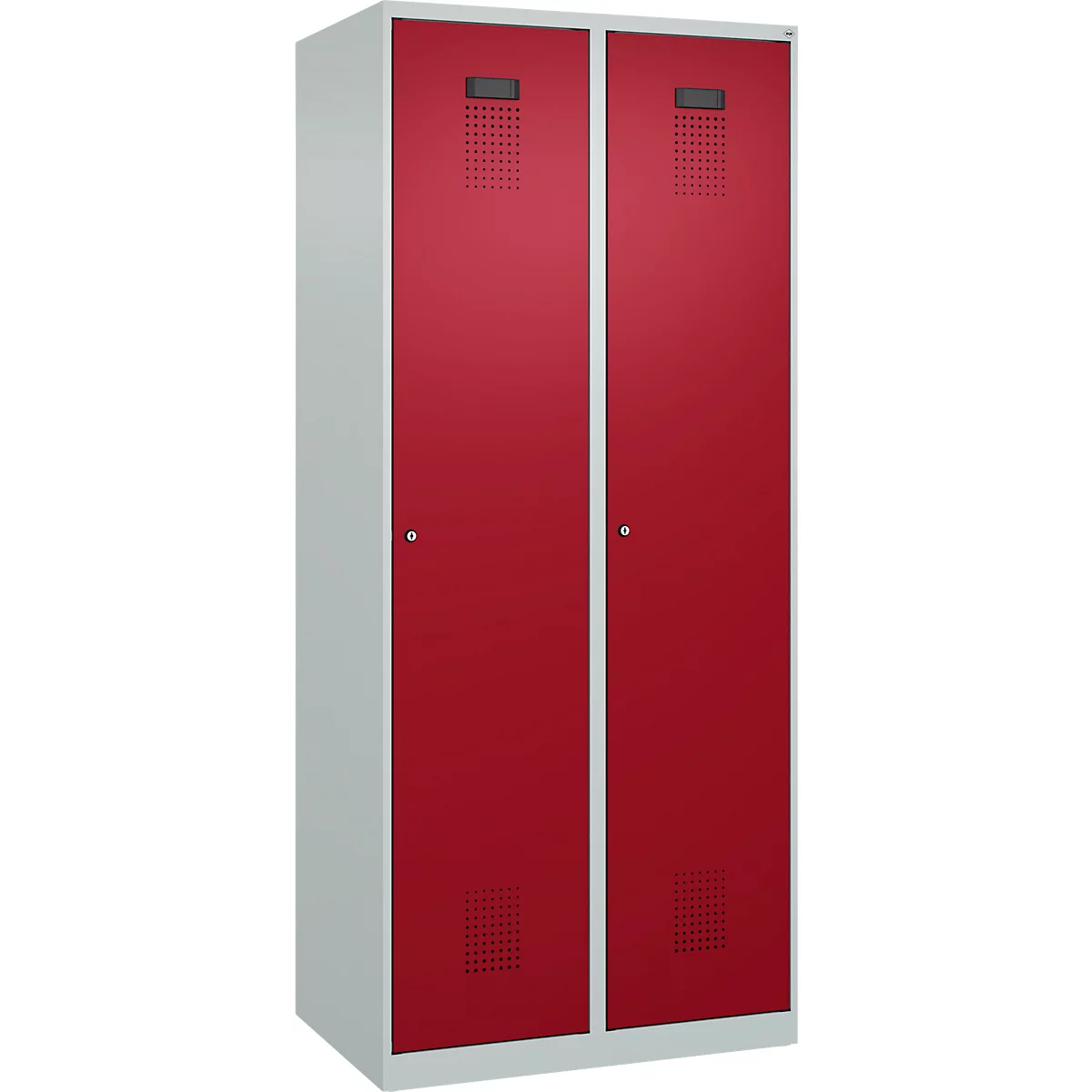 Kleiderspind C+P Evolo Plus, 2 Abteile, 400 mm breit, Zylinderschloss, Soft-Anschlag, B 800 x T 500 x H 1850 mm, lichtgrau/rubinrot