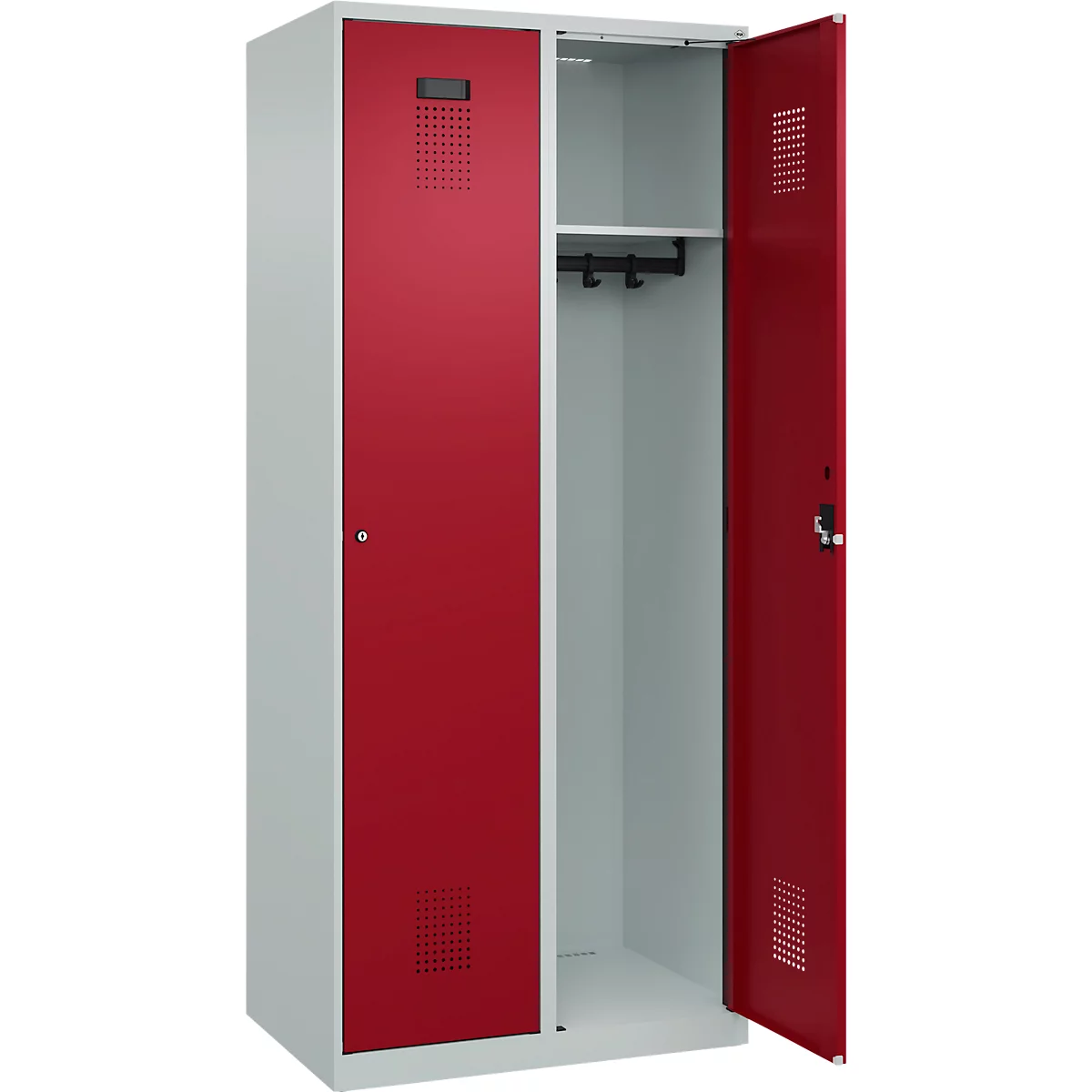 Kleiderspind C+P Evolo Plus, 2 Abteile, 400 mm breit, Zylinderschloss, Soft-Anschlag, B 800 x T 500 x H 1850 mm, lichtgrau/rubinrot