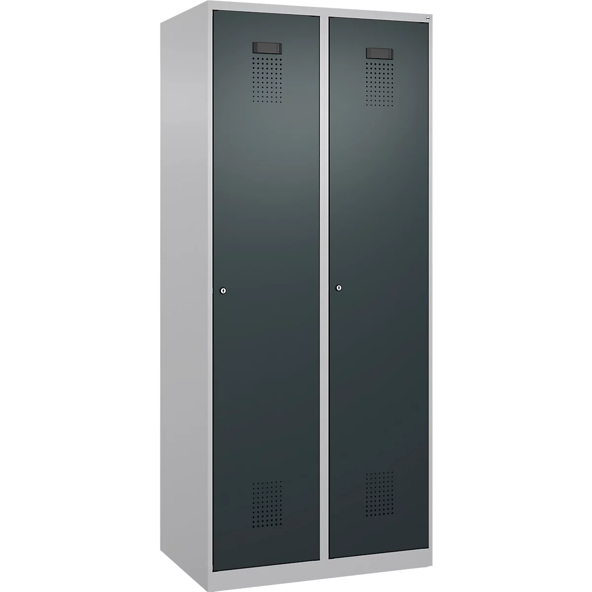 Kleiderspind C+P Evolo Plus, 2 Abteile, 400 mm breit, Zylinderschloss, Soft-Anschlag, B 800 x T 500 x H 1850 mm, weißaluminium/anthrazitgrau