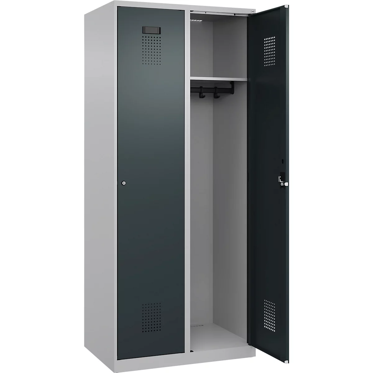 Kleiderspind C+P Evolo Plus, 2 Abteile, 400 mm breit, Zylinderschloss, Soft-Anschlag, B 800 x T 500 x H 1850 mm, weißaluminium/anthrazitgrau