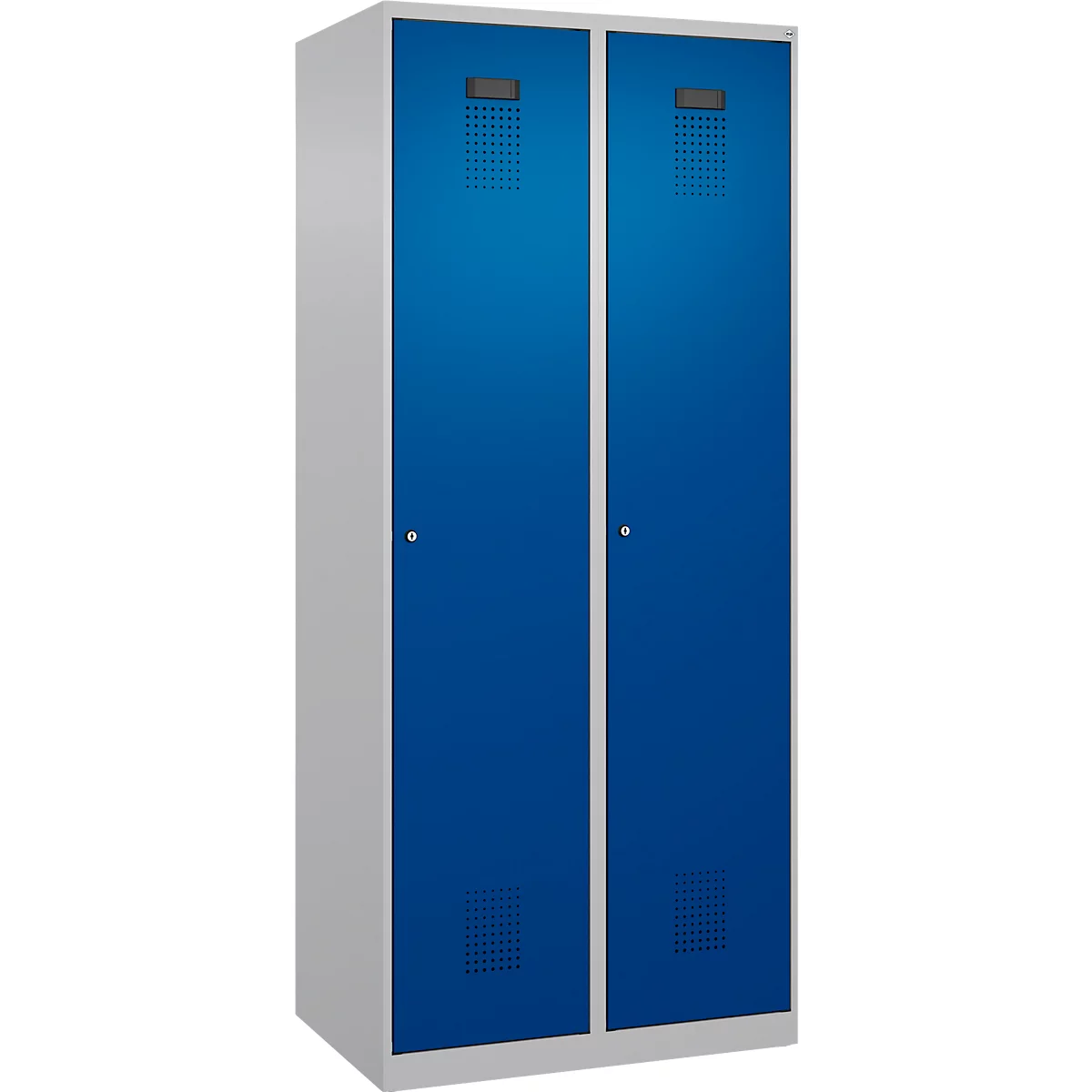Kleiderspind C+P Evolo Plus, 2 Abteile, 400 mm breit, Zylinderschloss, Soft-Anschlag, B 800 x T 500 x H 1850 mm, weißaluminium/enzianblau