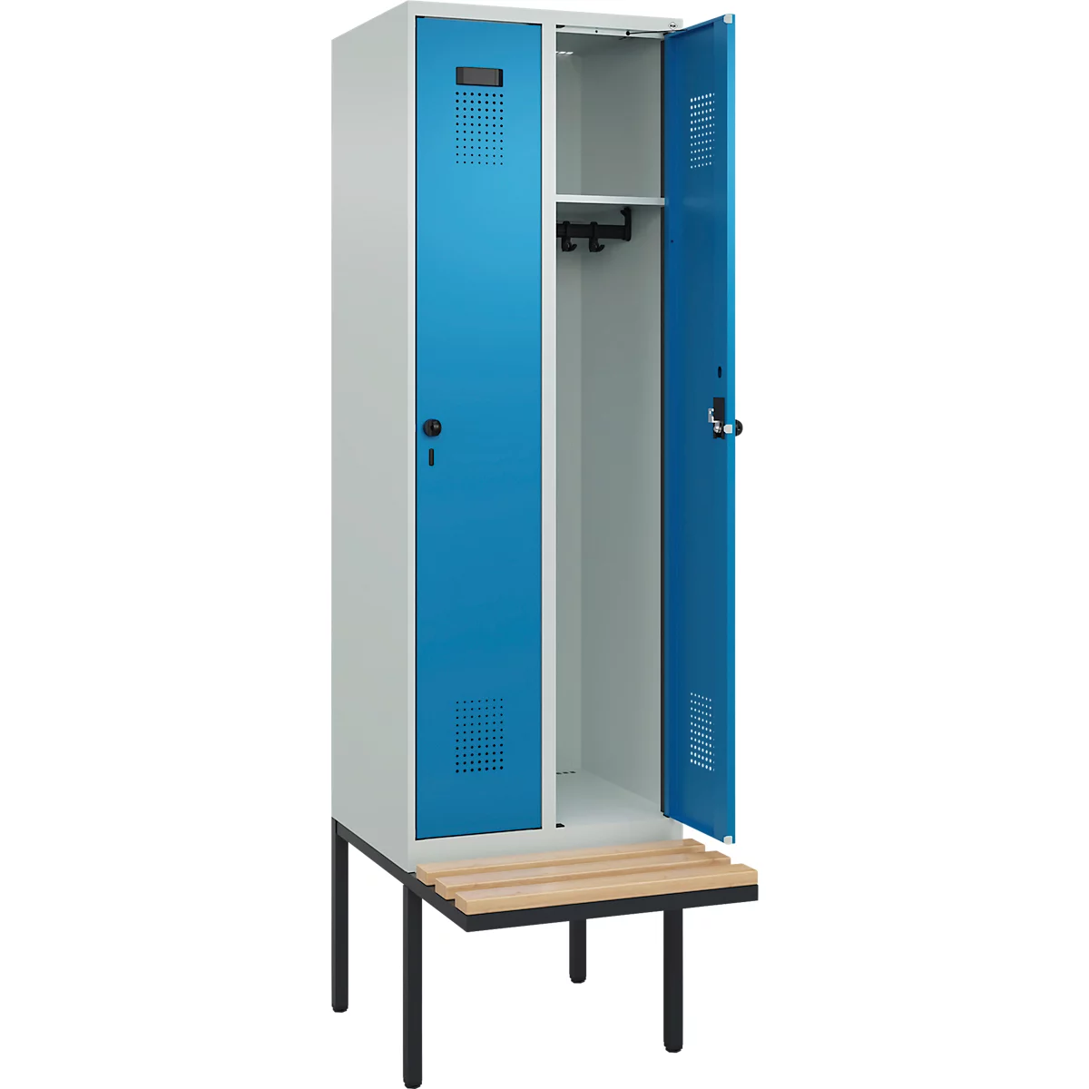 Kleiderspind C+P Evolo Plus, 2 Abteile à 300 mm Breite, schwebende Sitzbank, B 600 x T 815 x H 2120 mm, Drehriegel, lichtblau/lichtgrau