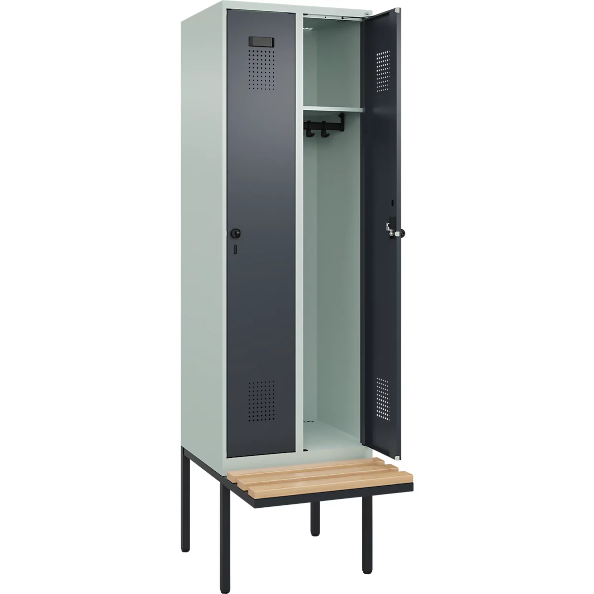 Kleiderspind C+P Evolo Plus, 2 Abteile à 300 mm Breite, schwebende Sitzbank, B 600 x T 815 x H 2120 mm, Drehriegel, lichtgrau/anthrazitgrau
