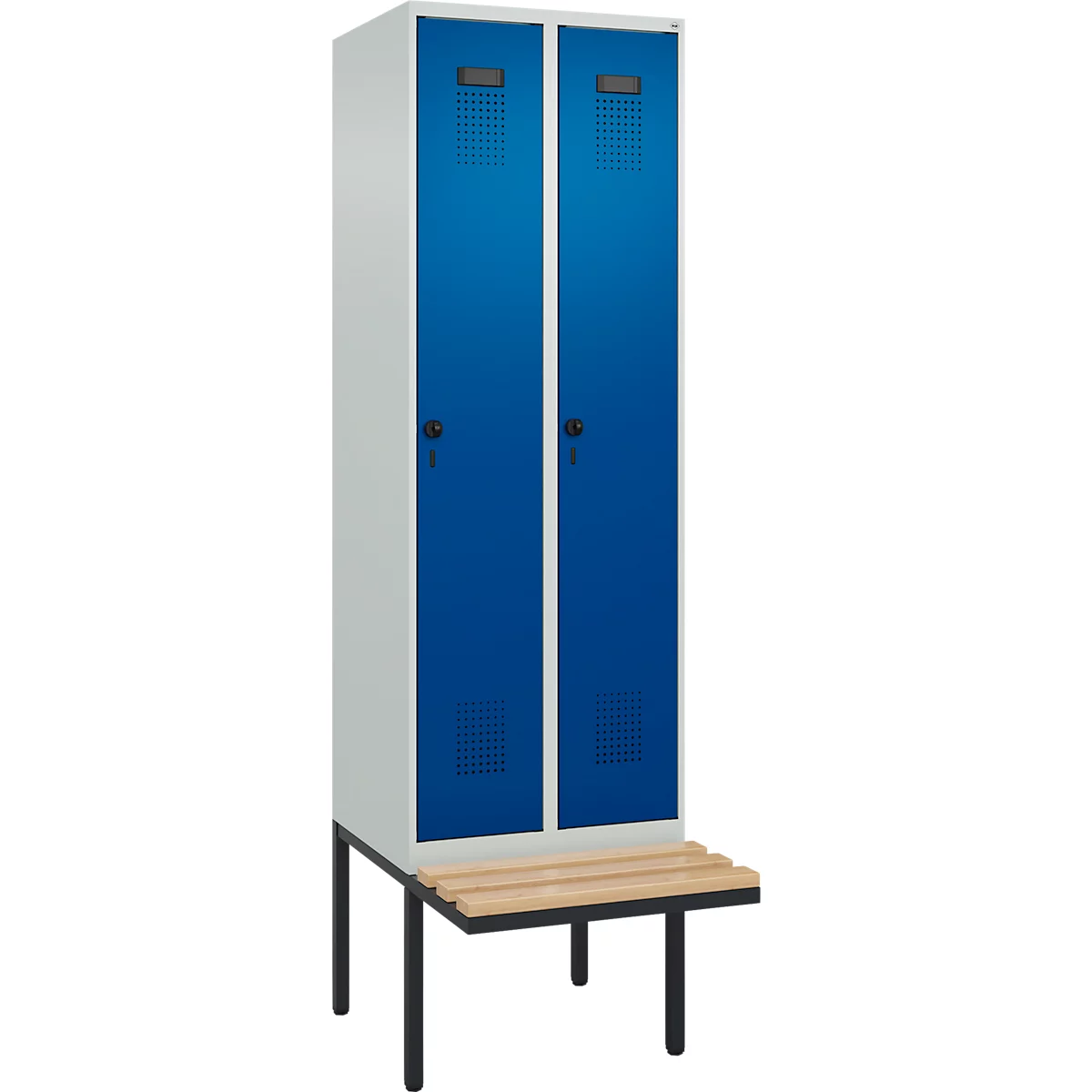 Kleiderspind C+P Evolo Plus, 2 Abteile à 300 mm Breite, schwebende Sitzbank, B 600 x T 815 x H 2120 mm, Drehriegel, lichtgrau/enzianblau