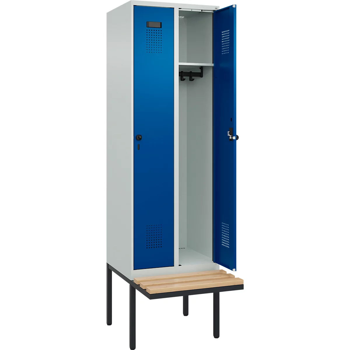 Kleiderspind C+P Evolo Plus, 2 Abteile à 300 mm Breite, schwebende Sitzbank, B 600 x T 815 x H 2120 mm, Drehriegel, lichtgrau/enzianblau
