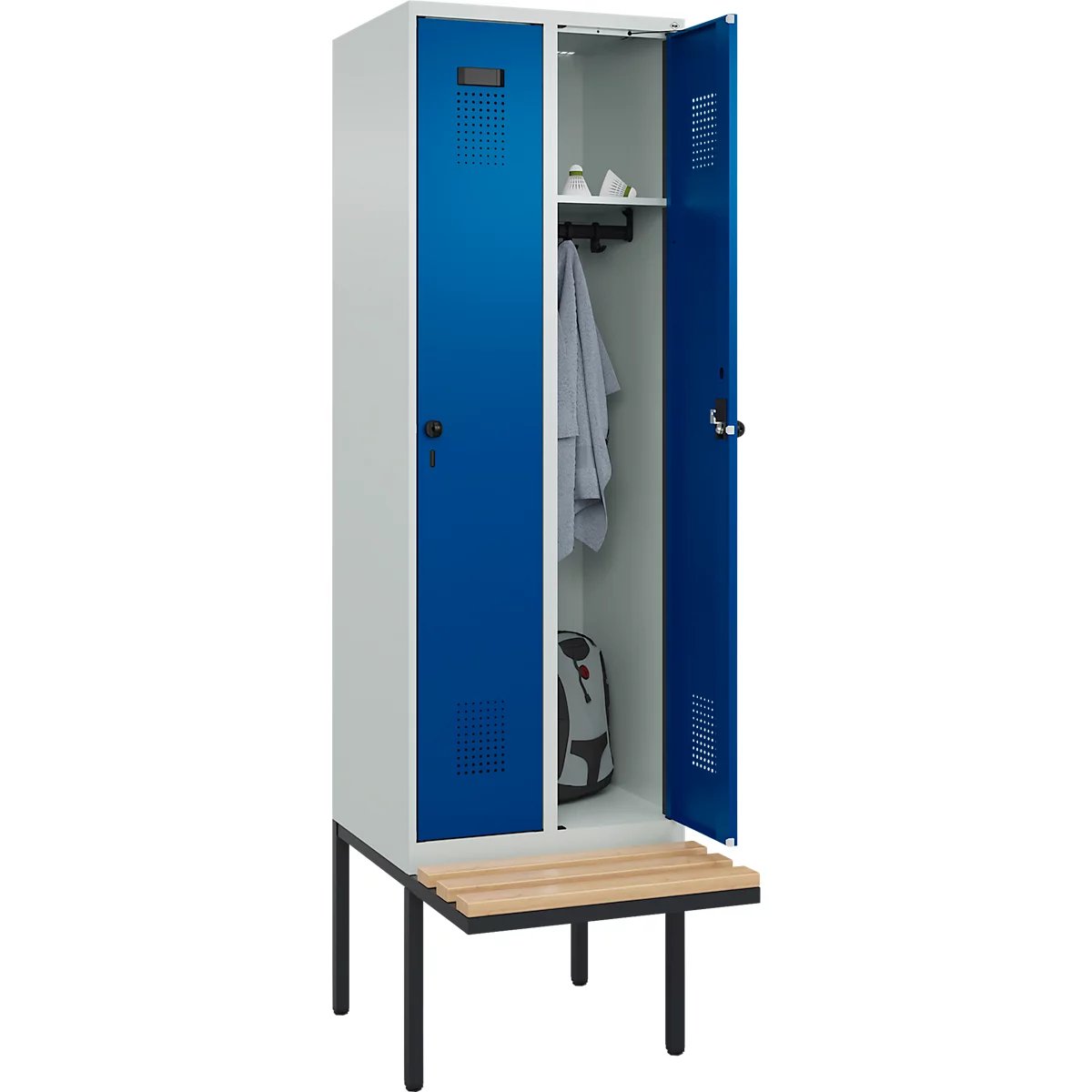 Kleiderspind C+P Evolo Plus, 2 Abteile à 300 mm Breite, schwebende Sitzbank, B 600 x T 815 x H 2120 mm, Drehriegel, lichtgrau/enzianblau