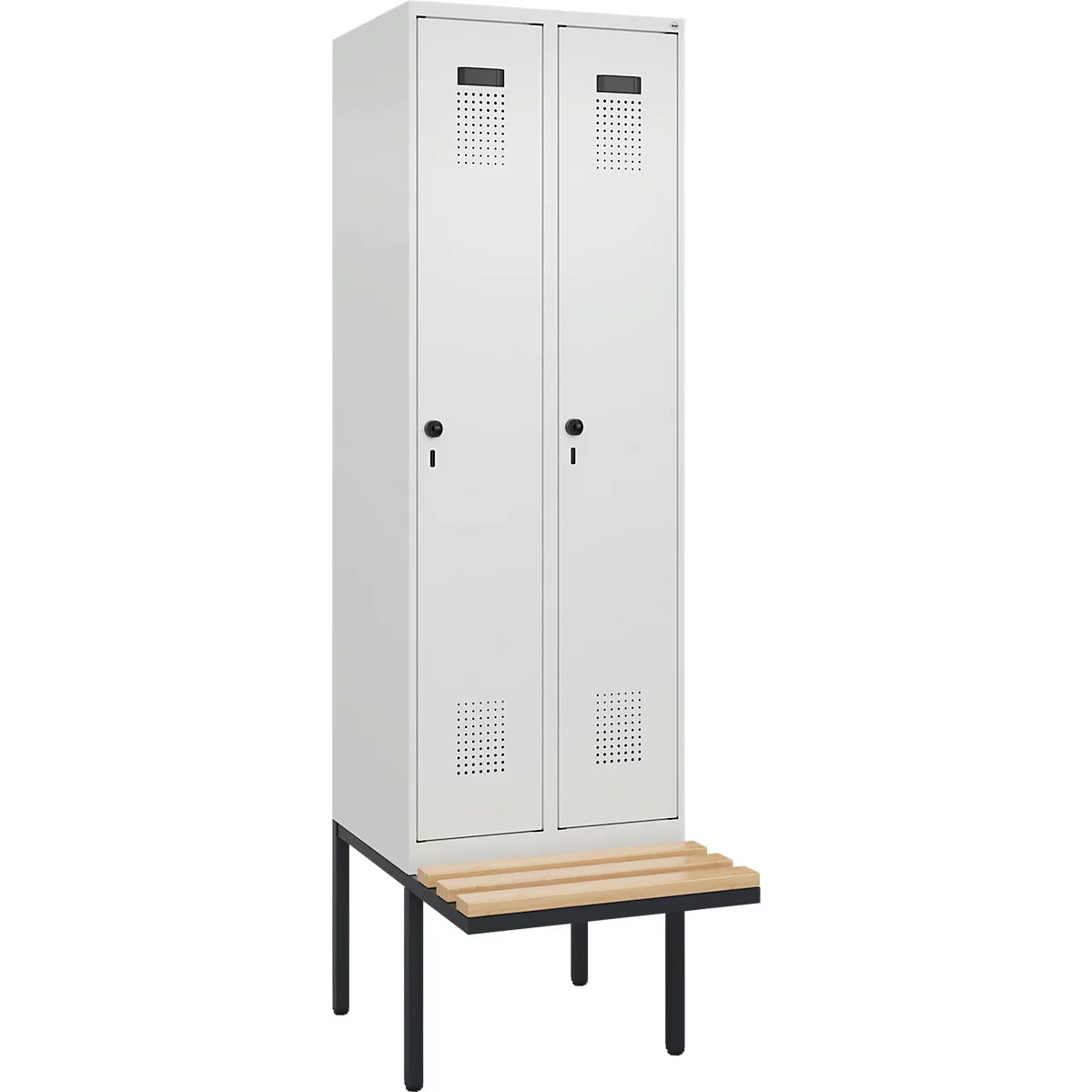 Kleiderspind C+P Evolo Plus, 2 Abteile à 300 mm Breite, schwebende Sitzbank, B 600 x T 815 x H 2120 mm, Drehriegel, lichtgrau/lichtgrau