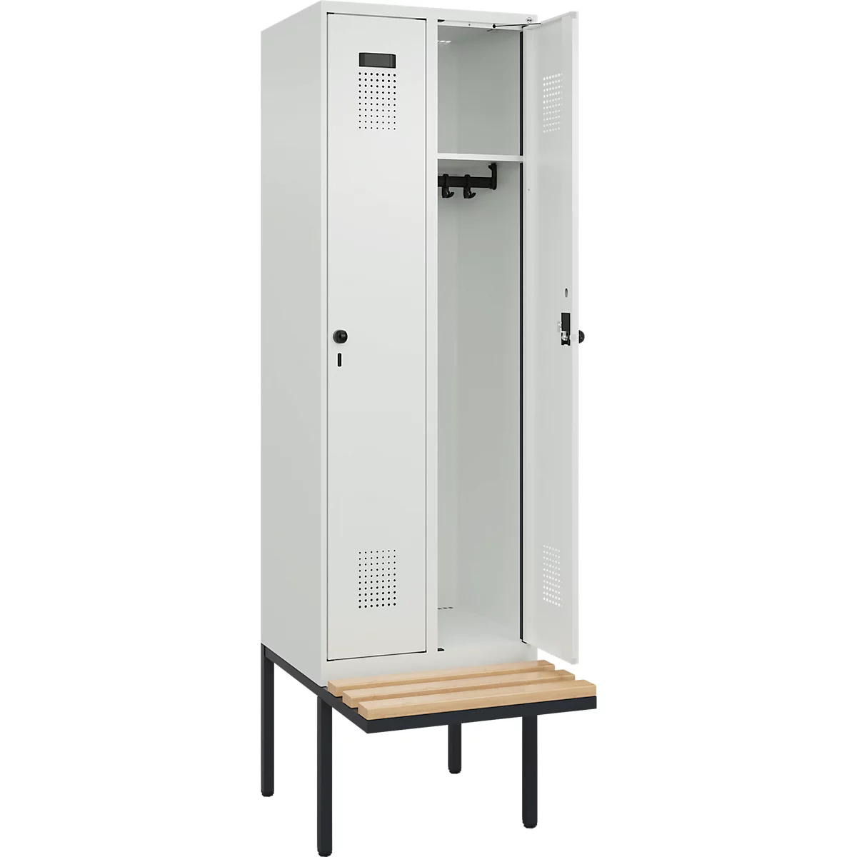 Kleiderspind C+P Evolo Plus, 2 Abteile à 300 mm Breite, schwebende Sitzbank, B 600 x T 815 x H 2120 mm, Drehriegel, lichtgrau/lichtgrau