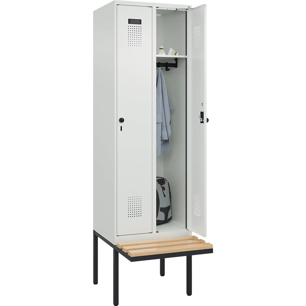 Kleiderspind C+P Evolo Plus, 2 Abteile à 300 mm Breite, schwebende Sitzbank, B 600 x T 815 x H 2120 mm, Drehriegel, lichtgrau/lichtgrau
