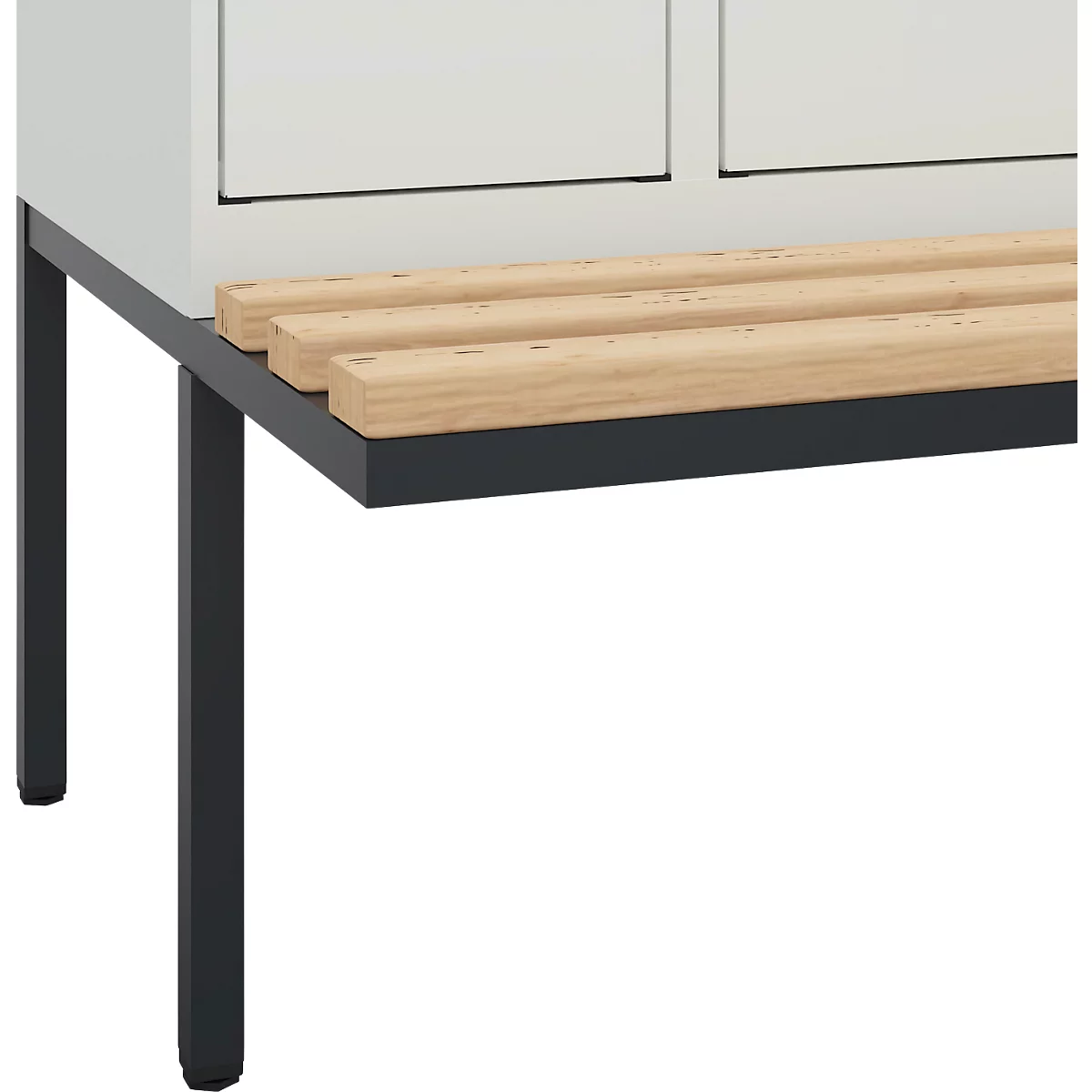 Kleiderspind C+P Evolo Plus, 2 Abteile à 300 mm Breite, schwebende Sitzbank, B 600 x T 815 x H 2120 mm, Drehriegel, lichtgrau/lichtgrau