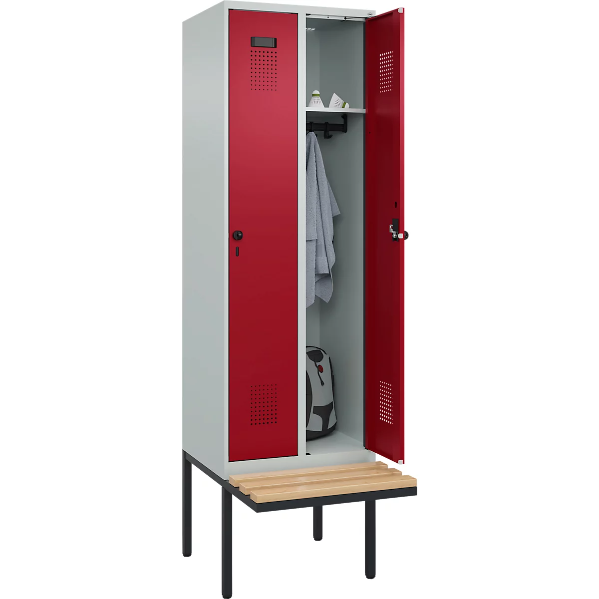 Kleiderspind C+P Evolo Plus, 2 Abteile à 300 mm Breite, schwebende Sitzbank, B 600 x T 815 x H 2120 mm, Drehriegel, lichtgrau/rubinrot