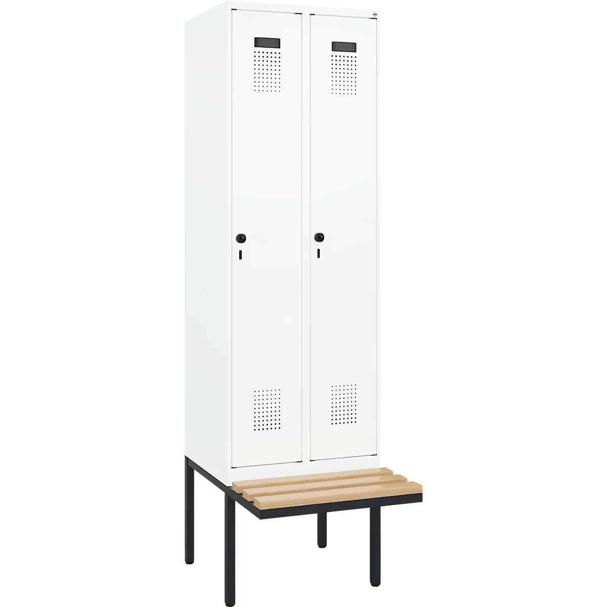 Kleiderspind C+P Evolo Plus, 2 Abteile à 300 mm Breite, schwebende Sitzbank, B 600 x T 815 x H 2120 mm, Drehriegel, verkehrsweiß/verkehrsweiß