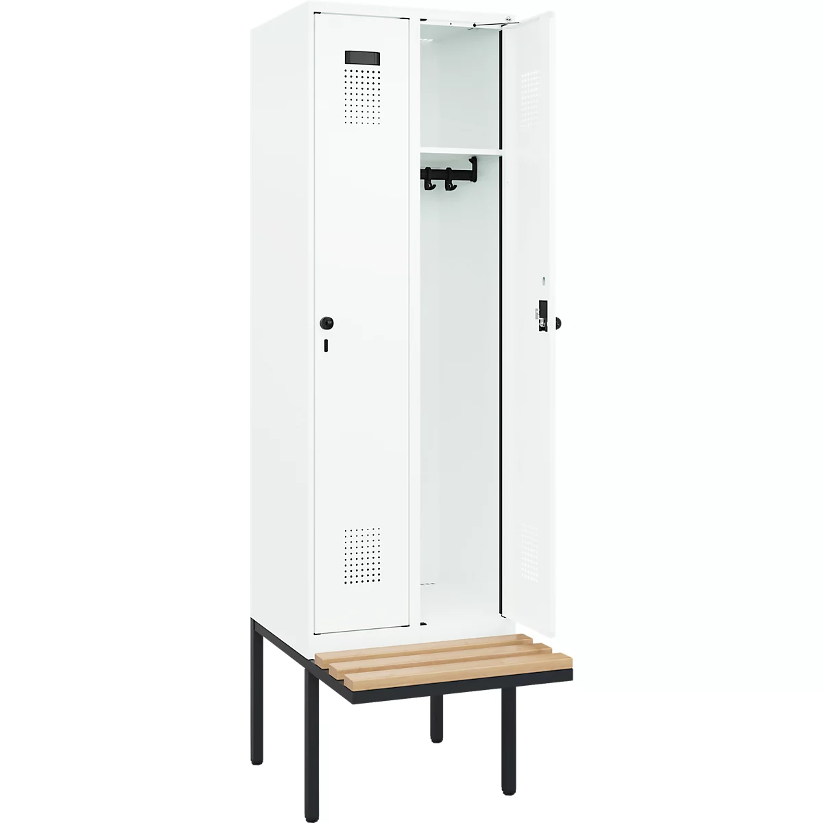Kleiderspind C+P Evolo Plus, 2 Abteile à 300 mm Breite, schwebende Sitzbank, B 600 x T 815 x H 2120 mm, Drehriegel, verkehrsweiß/verkehrsweiß