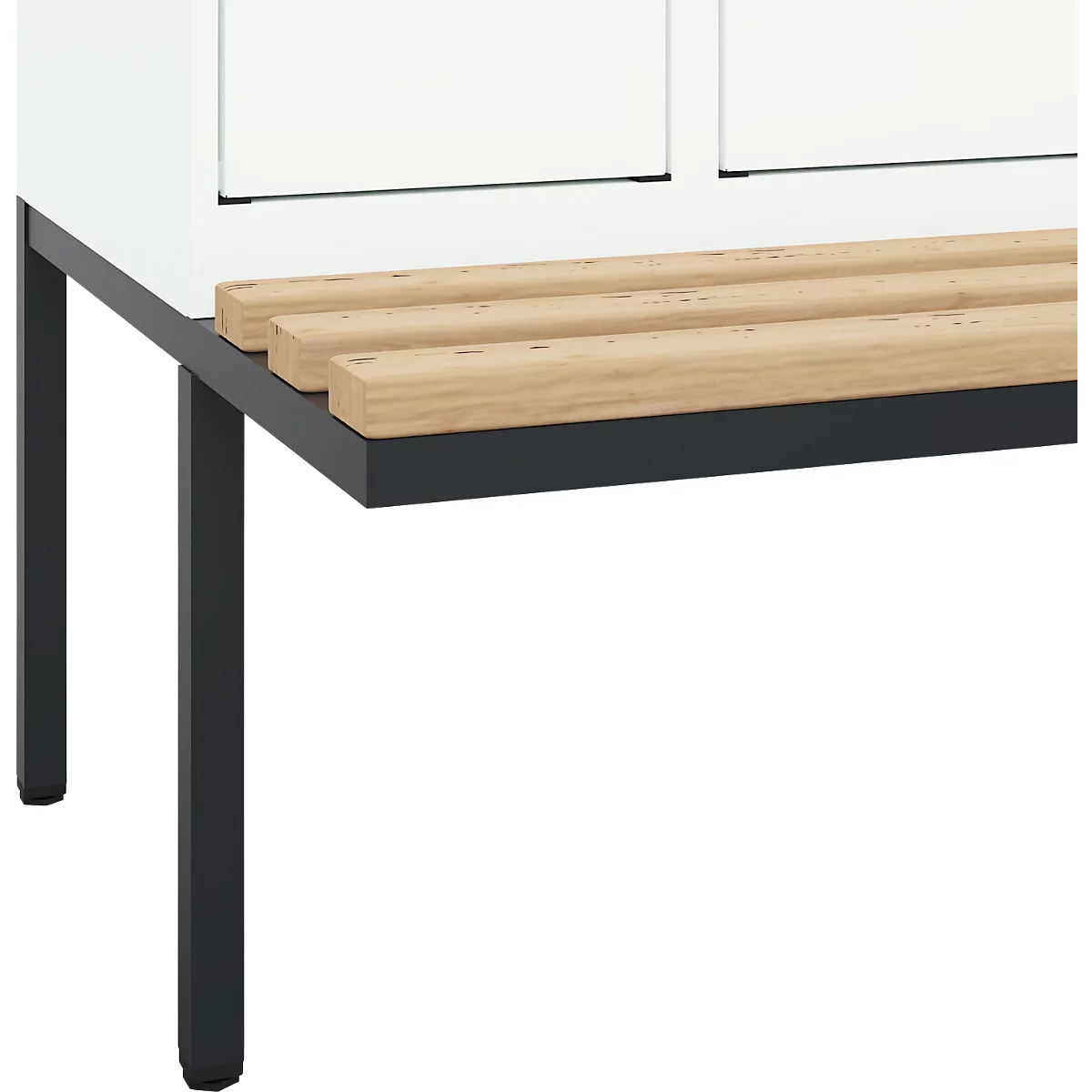 Kleiderspind C+P Evolo Plus, 2 Abteile à 300 mm Breite, schwebende Sitzbank, B 600 x T 815 x H 2120 mm, Drehriegel, verkehrsweiß/verkehrsweiß