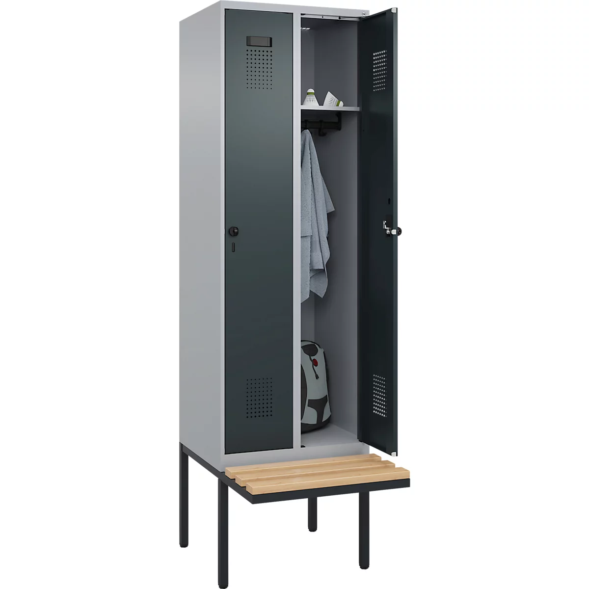 Kleiderspind C+P Evolo Plus, 2 Abteile à 300 mm Breite, schwebende Sitzbank, B 600 x T 815 x H 2120 mm, Drehriegel, weißaluminium/anthrazitgrau