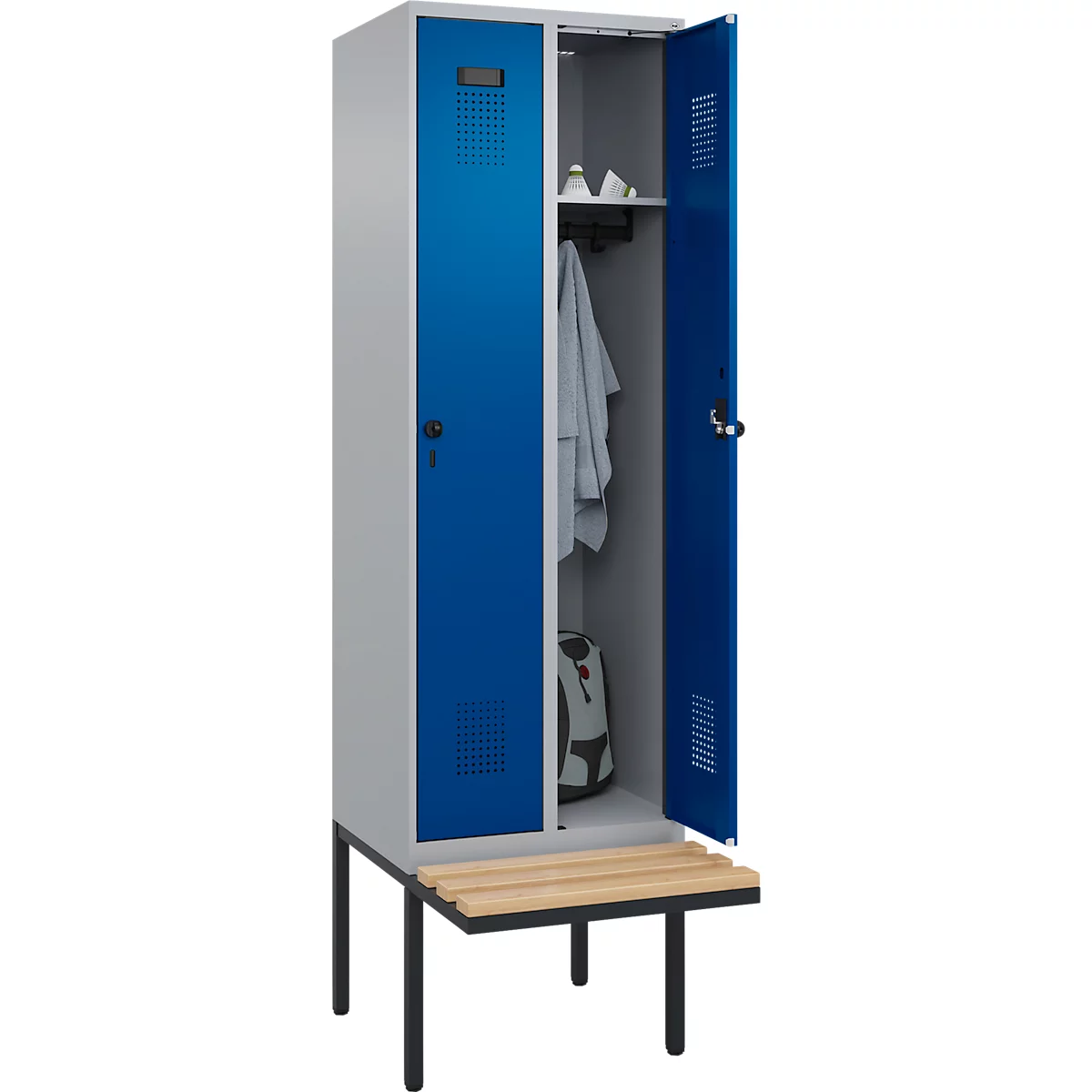 Kleiderspind C+P Evolo Plus, 2 Abteile à 300 mm Breite, schwebende Sitzbank, B 600 x T 815 x H 2120 mm, Drehriegel, weißaluminium/enzianblau