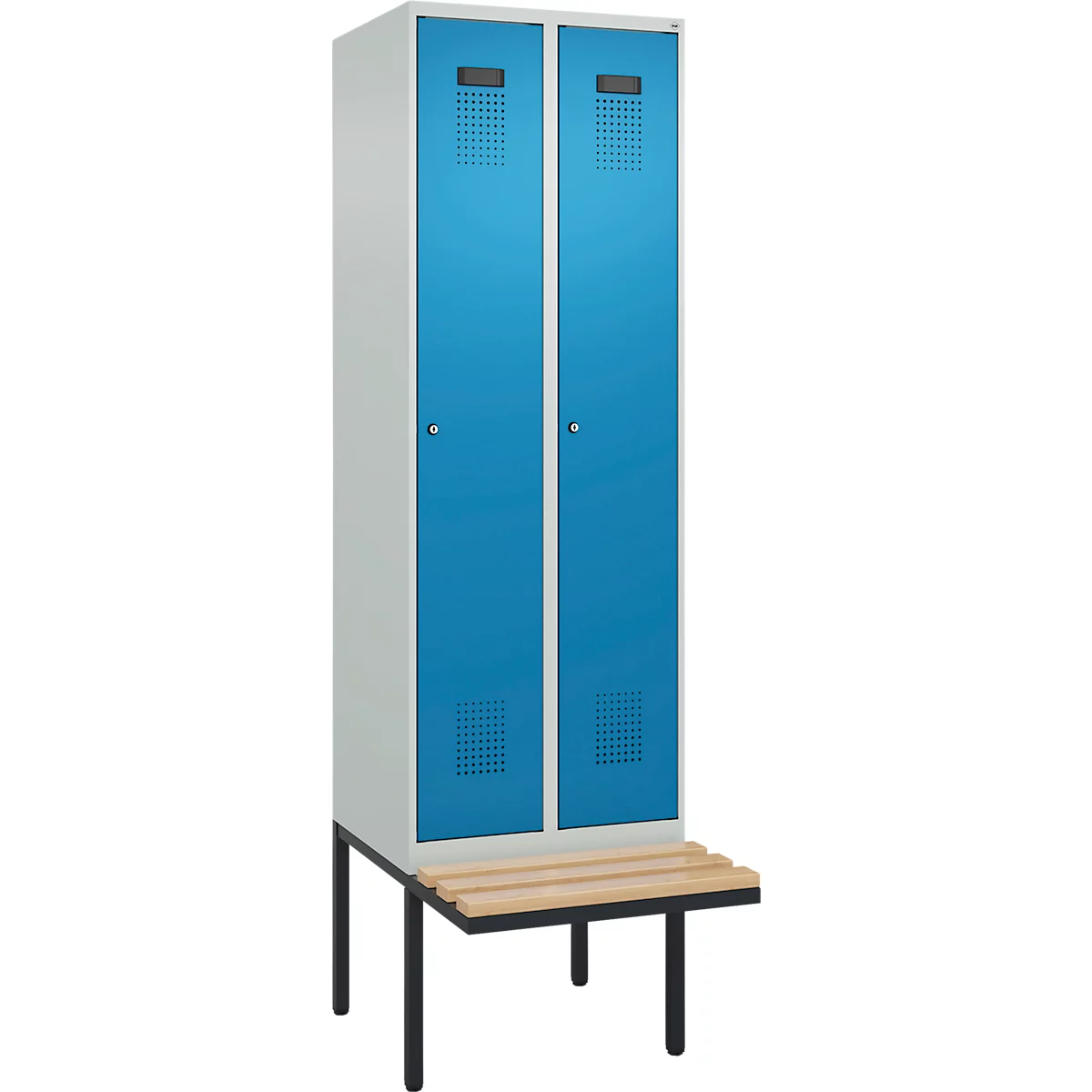 Kleiderspind C+P Evolo Plus, 2 Abteile à 300 mm Breite, schwebende Sitzbank, B 600 x T 815 x H 2120 mm, Zylinder, lichtblau/lichtgrau