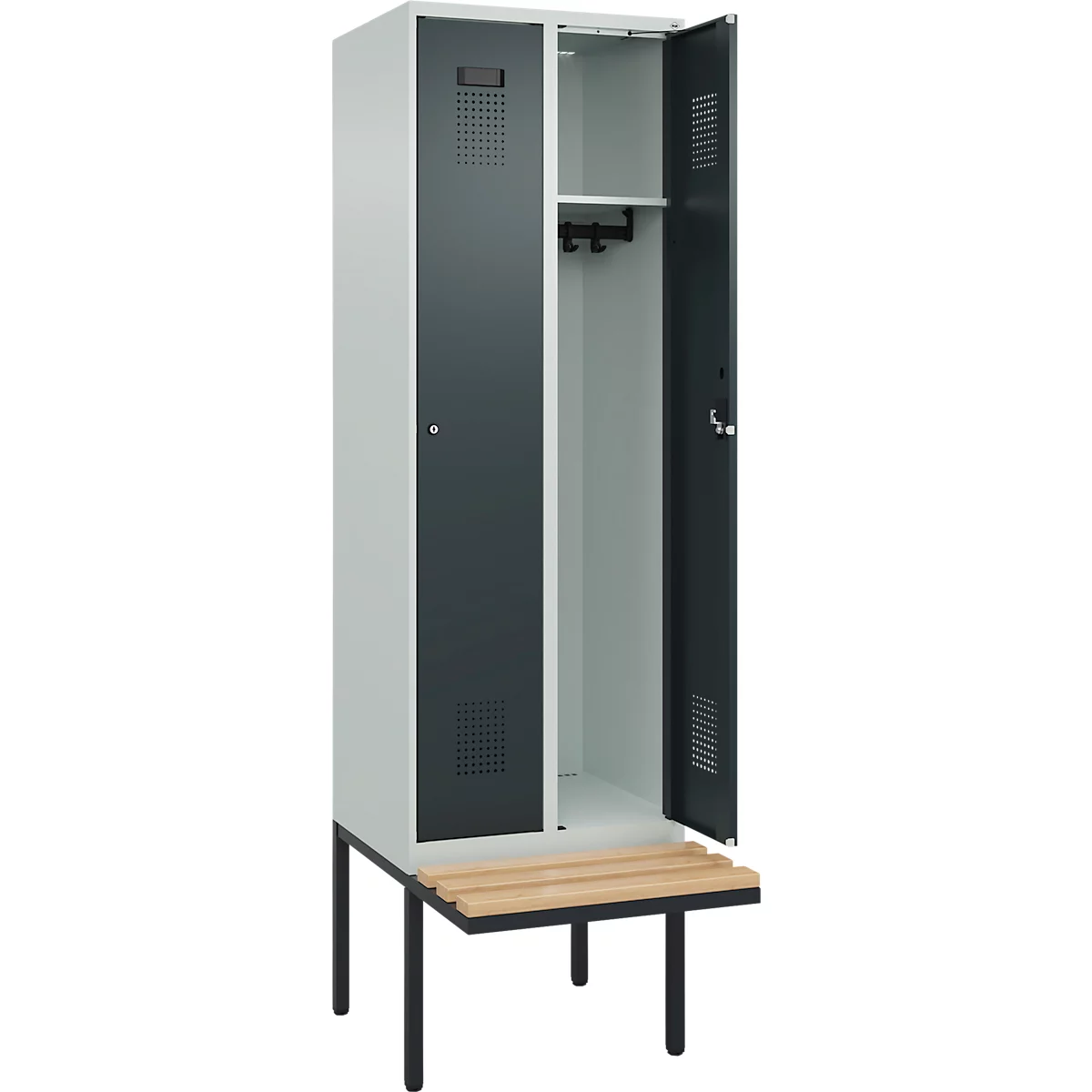Kleiderspind C+P Evolo Plus, 2 Abteile à 300 mm Breite, schwebende Sitzbank, B 600 x T 815 x H 2120 mm, Zylinder, lichtgrau/anthratizgrau