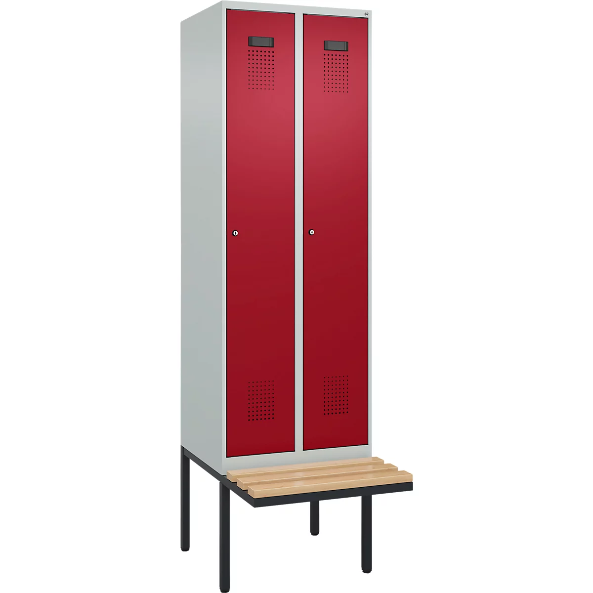 Kleiderspind C+P Evolo Plus, 2 Abteile à 300 mm Breite, schwebende Sitzbank, B 600 x T 815 x H 2120 mm, Zylinder, lichtgrau/rubinrot