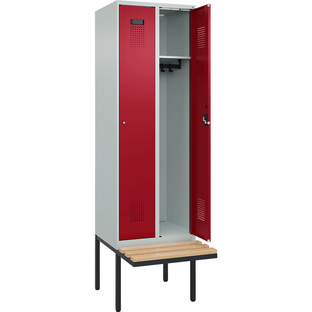 Kleiderspind C+P Evolo Plus, 2 Abteile à 300 mm Breite, schwebende Sitzbank, B 600 x T 815 x H 2120 mm, Zylinder, lichtgrau/rubinrot