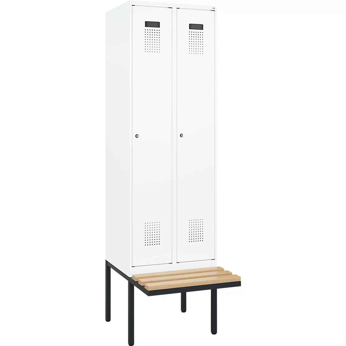 Kleiderspind C+P Evolo Plus, 2 Abteile à 300 mm Breite, schwebende Sitzbank, B 600 x T 815 x H 2120 mm, Zylinder, verkehrsweiß/verkehrsweiß