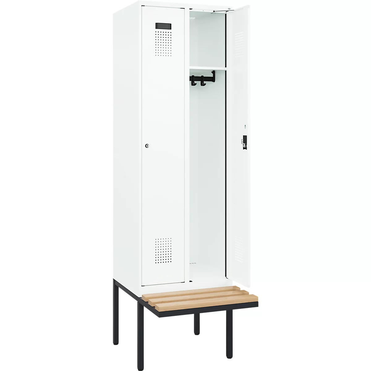 Kleiderspind C+P Evolo Plus, 2 Abteile à 300 mm Breite, schwebende Sitzbank, B 600 x T 815 x H 2120 mm, Zylinder, verkehrsweiß/verkehrsweiß