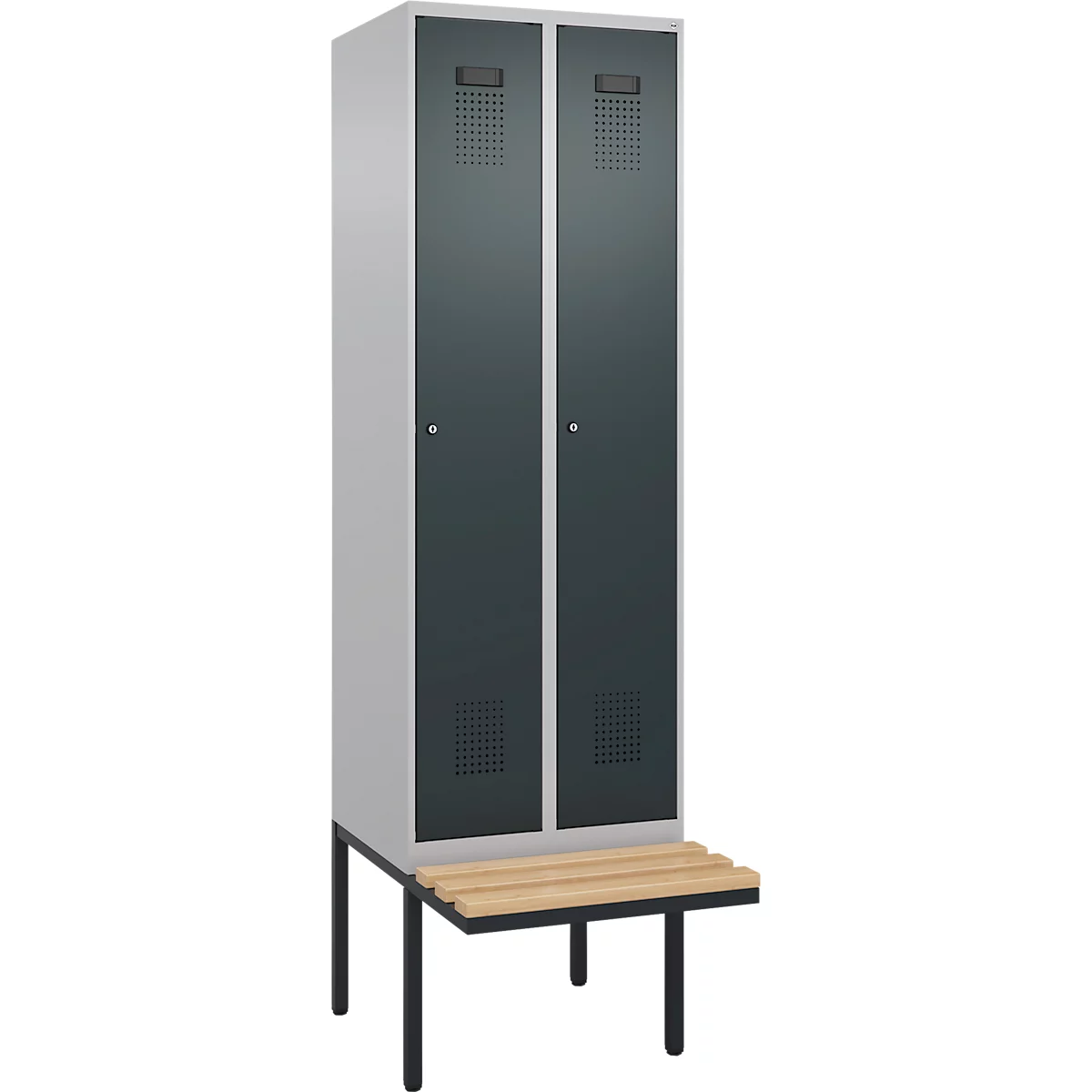 Kleiderspind C+P Evolo Plus, 2 Abteile à 300 mm Breite, schwebende Sitzbank, B 600 x T 815 x H 2120 mm, Zylinder, weißaluminium/anthrazitgrau