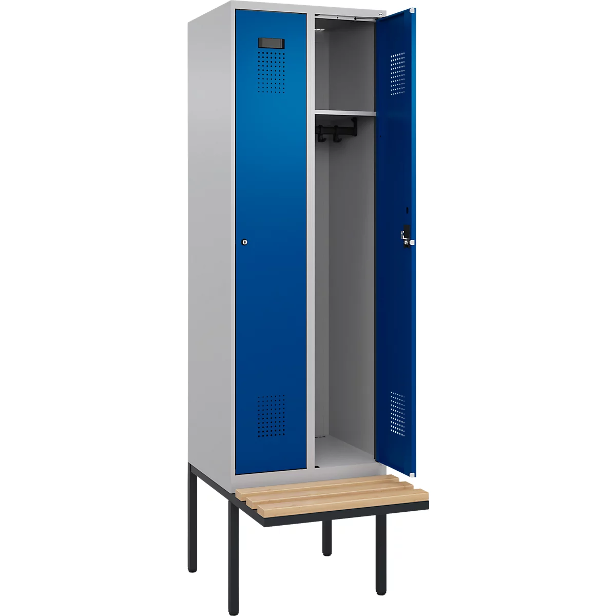 Kleiderspind C+P Evolo Plus, 2 Abteile à 300 mm Breite, schwebende Sitzbank, B 600 x T 815 x H 2120 mm, Zylinder, weißaluminium/enzianblau
