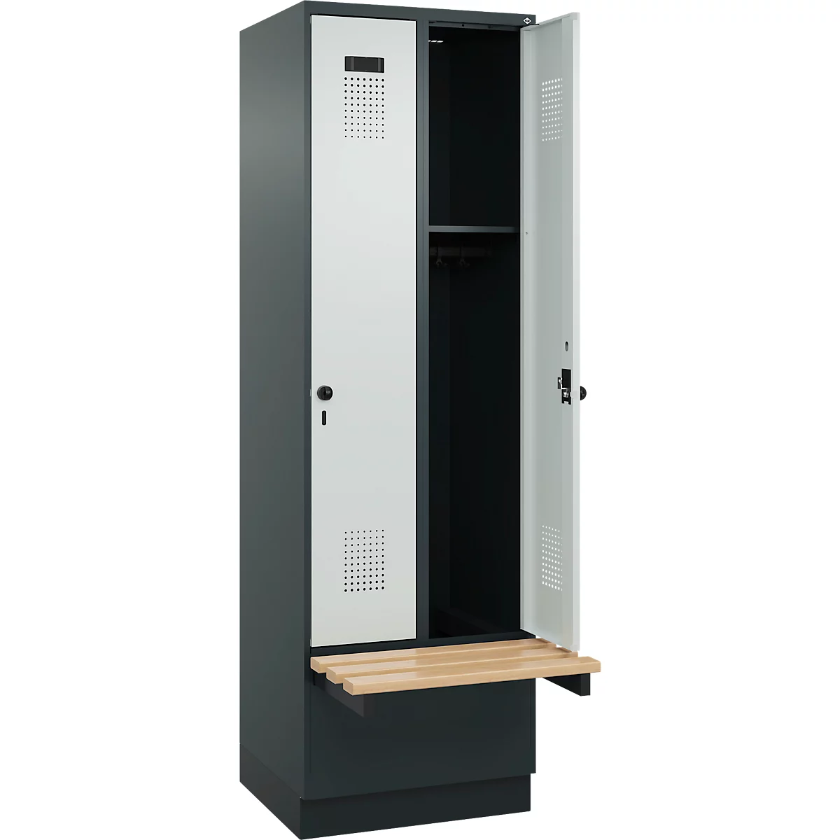 Kleiderspind C+P Evolo Plus, 2 Abteile à 300 mm Breite, Sockel, schwebende Sitzbank, B 600 x T 815 x H 1950 mm, Drehriegel, anthrazitgrau/lichtgrau