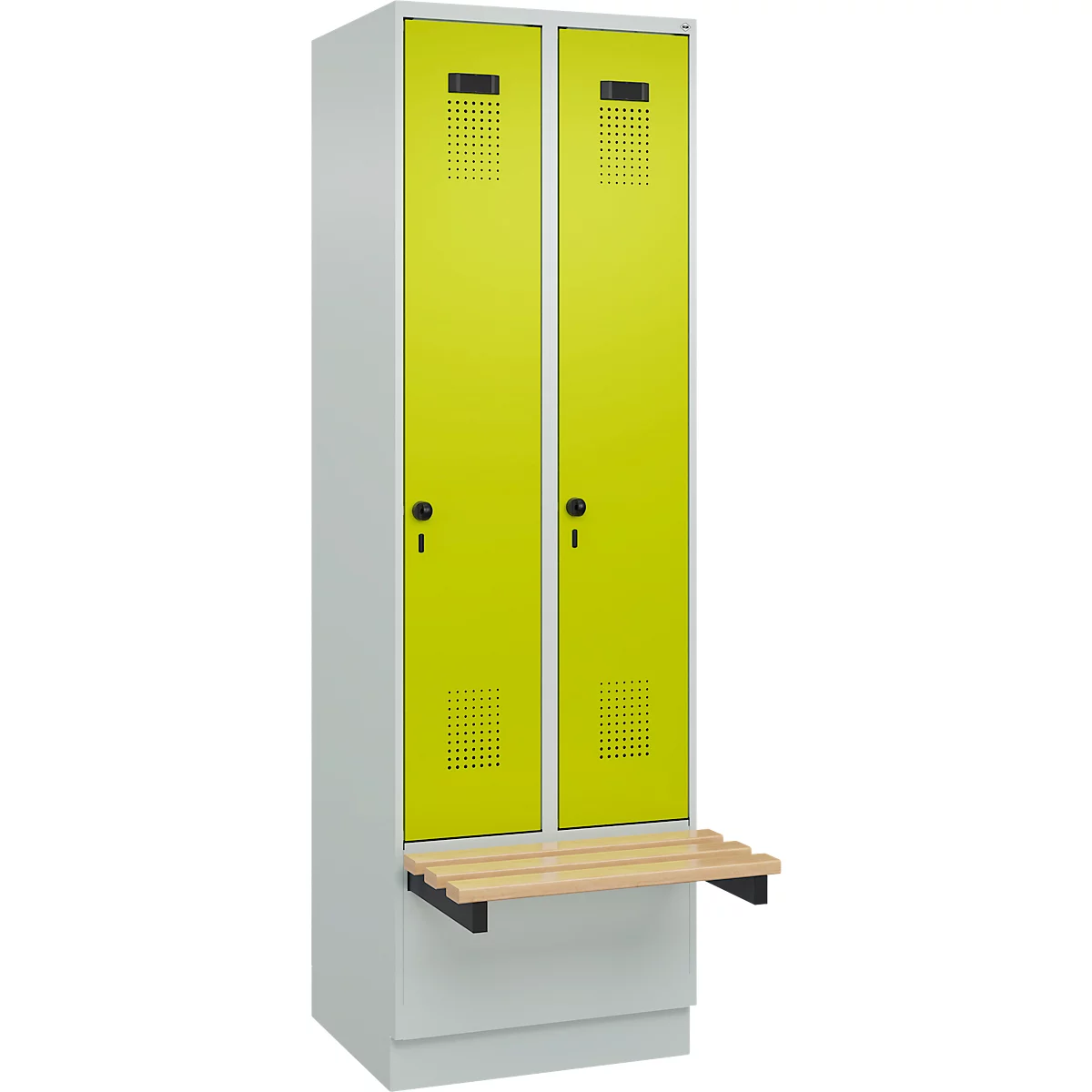 Kleiderspind C+P Evolo Plus, 2 Abteile à 300 mm Breite, Sockel, schwebende Sitzbank, B 600 x T 815 x H 1950 mm, Drehriegel, lichtgrau/clowngrün