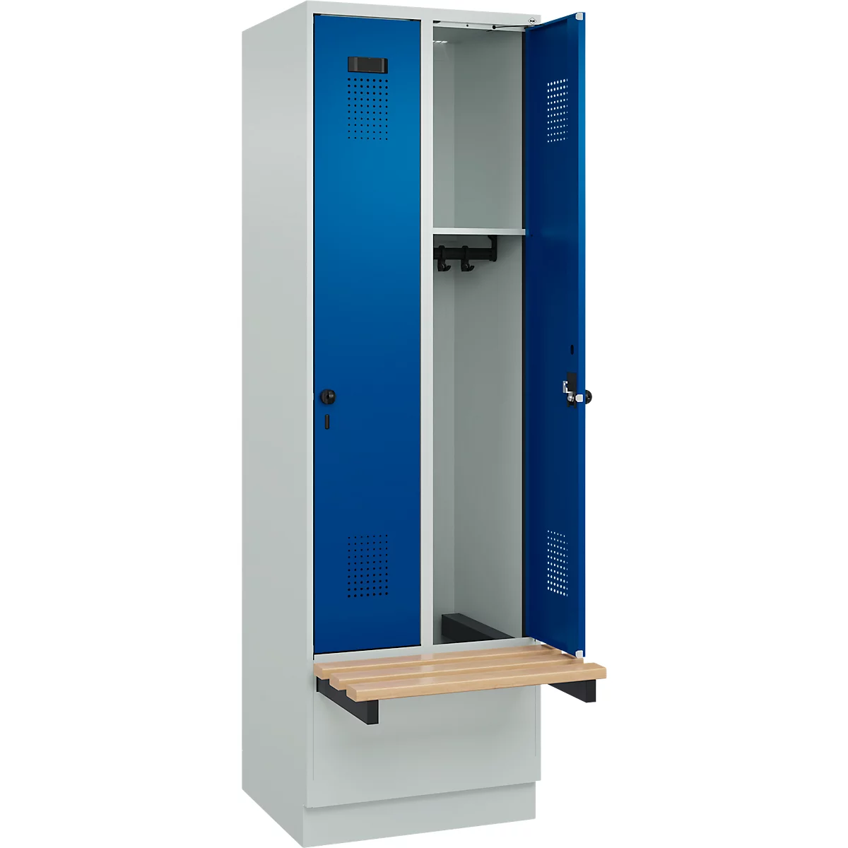 Kleiderspind C+P Evolo Plus, 2 Abteile à 300 mm Breite, Sockel, schwebende Sitzbank, B 600 x T 815 x H 1950 mm, Drehriegel, lichtgrau/enzianblau
