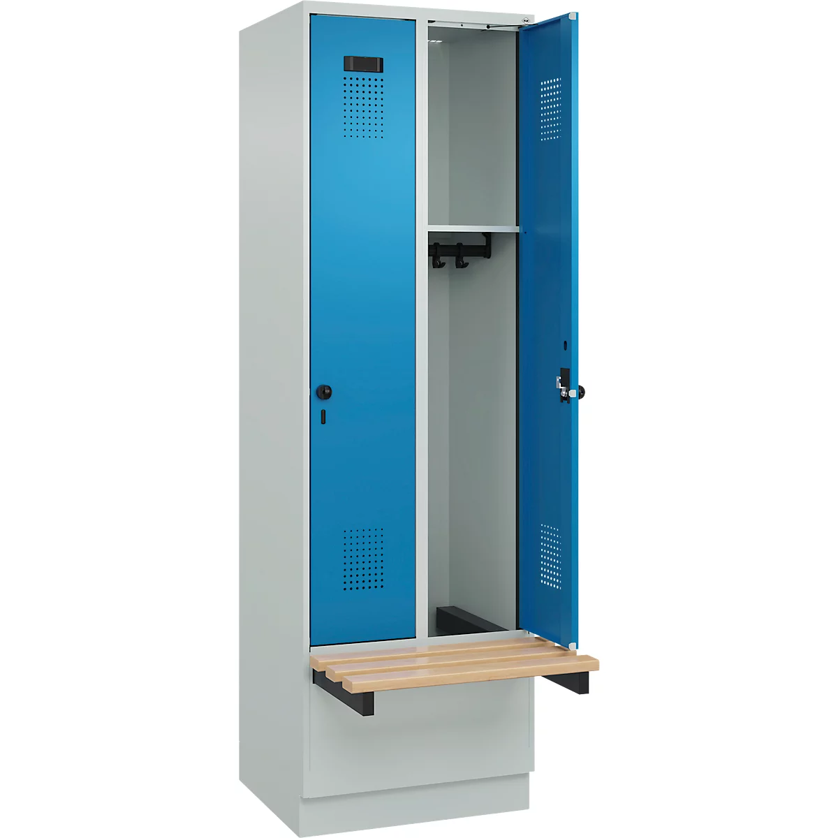 Kleiderspind C+P Evolo Plus, 2 Abteile à 300 mm Breite, Sockel, schwebende Sitzbank, B 600 x T 815 x H 1950 mm, Drehriegel, lichtgrau/lichtblau