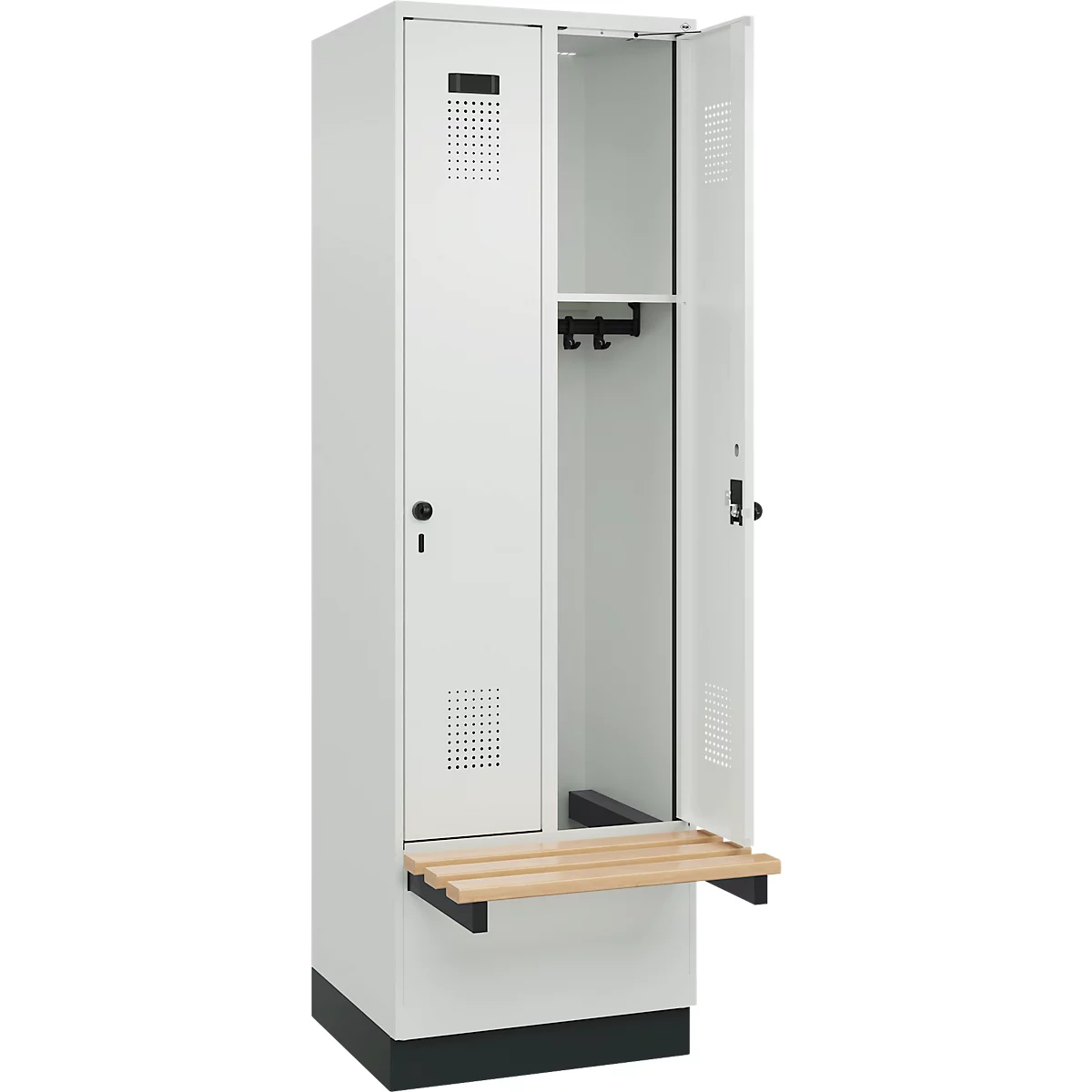 Kleiderspind C+P Evolo Plus, 2 Abteile à 300 mm Breite, Sockel, schwebende Sitzbank, B 600 x T 815 x H 1950 mm, Drehriegel, lichtgrau/lichtgrau