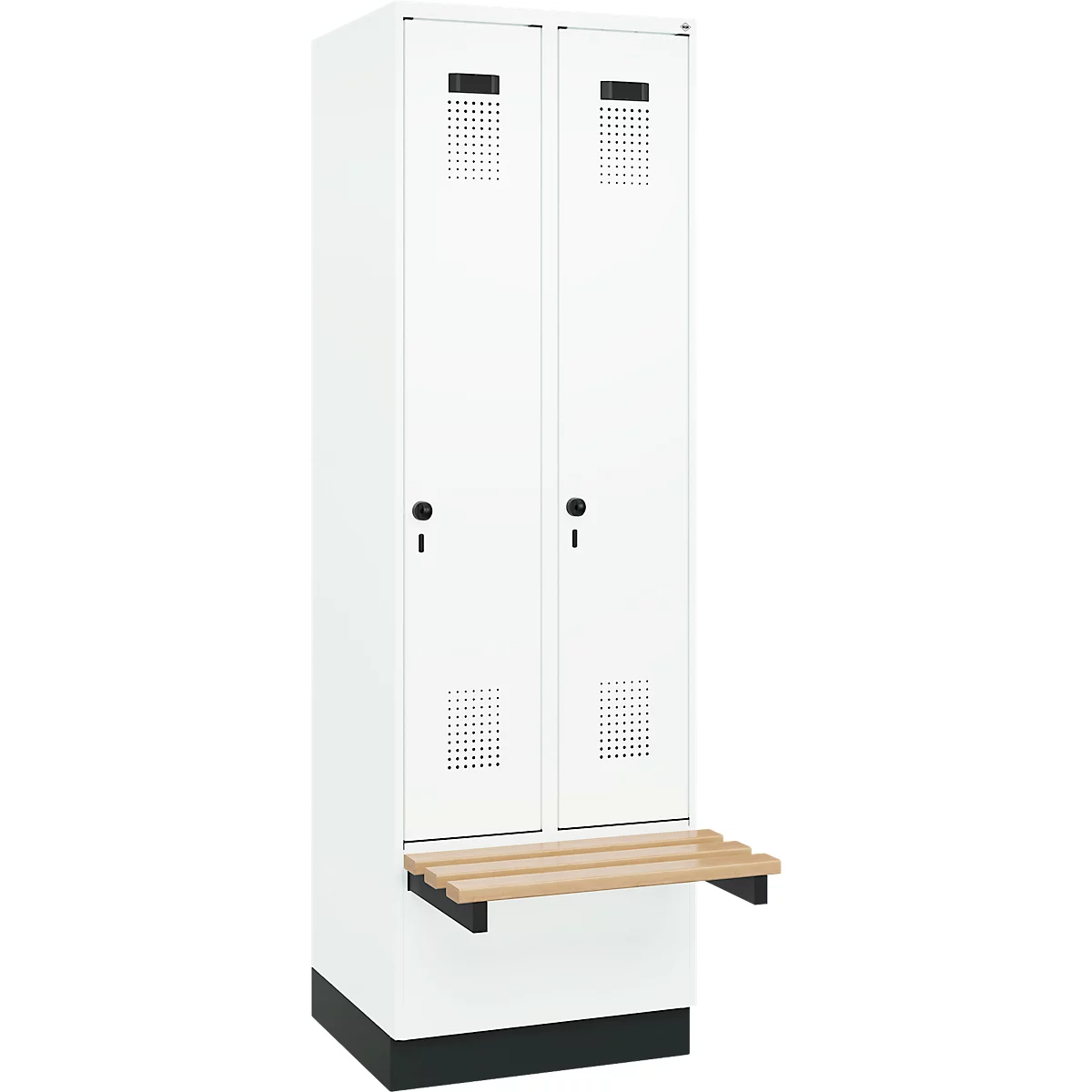 Kleiderspind C+P Evolo Plus, 2 Abteile à 300 mm Breite, Sockel, schwebende Sitzbank, B 600 x T 815 x H 1950 mm, Drehriegel, verkehrsweiß/verkehrsweiß