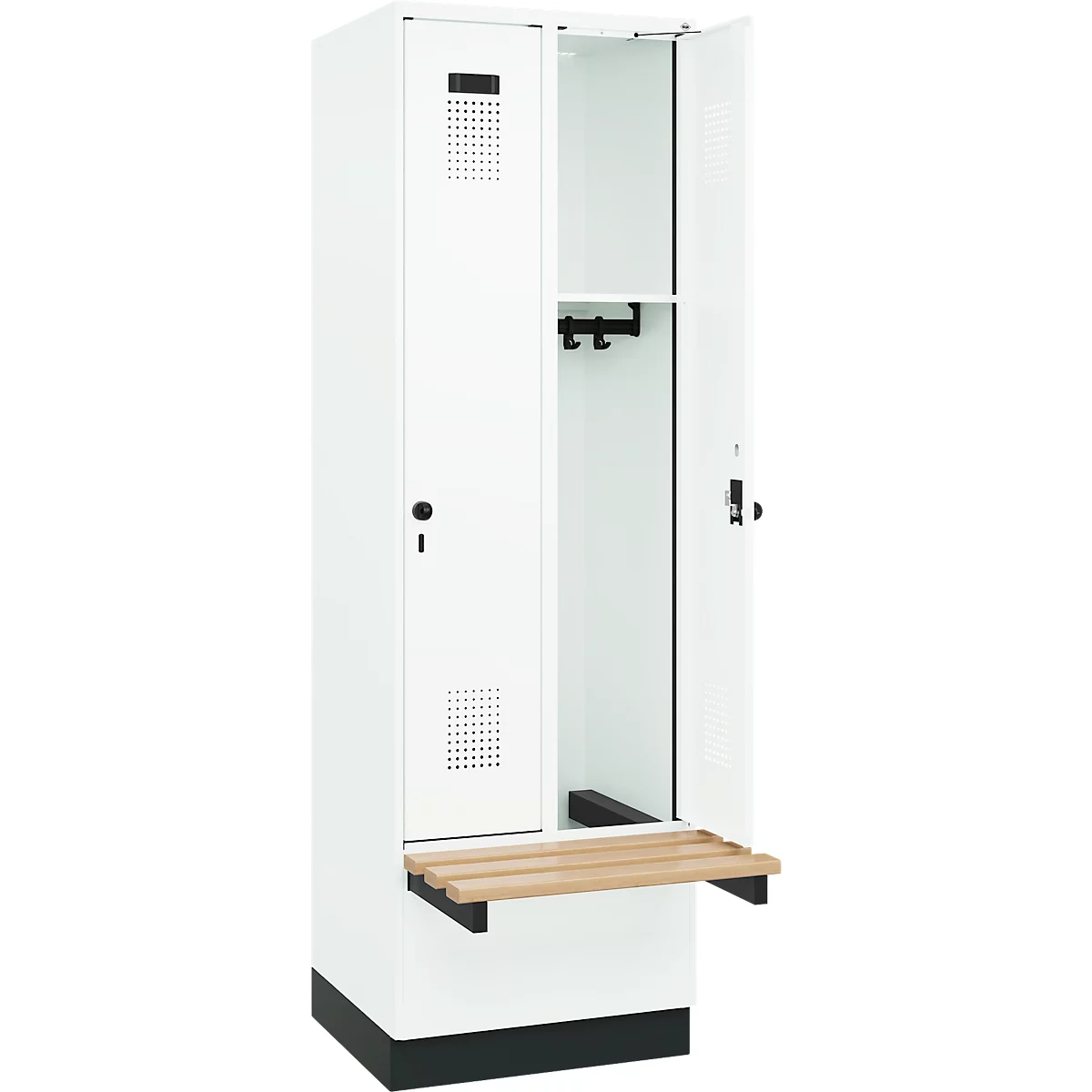 Kleiderspind C+P Evolo Plus, 2 Abteile à 300 mm Breite, Sockel, schwebende Sitzbank, B 600 x T 815 x H 1950 mm, Drehriegel, verkehrsweiß/verkehrsweiß