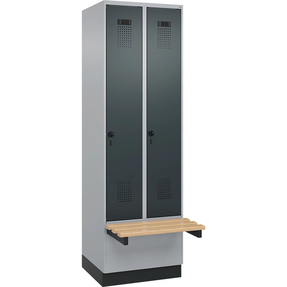 Kleiderspind C+P Evolo Plus, 2 Abteile à 300 mm Breite, Sockel, schwebende Sitzbank, B 600 x T 815 x H 1950 mm, Drehriegel, weißaluminium/anthrazitgrau