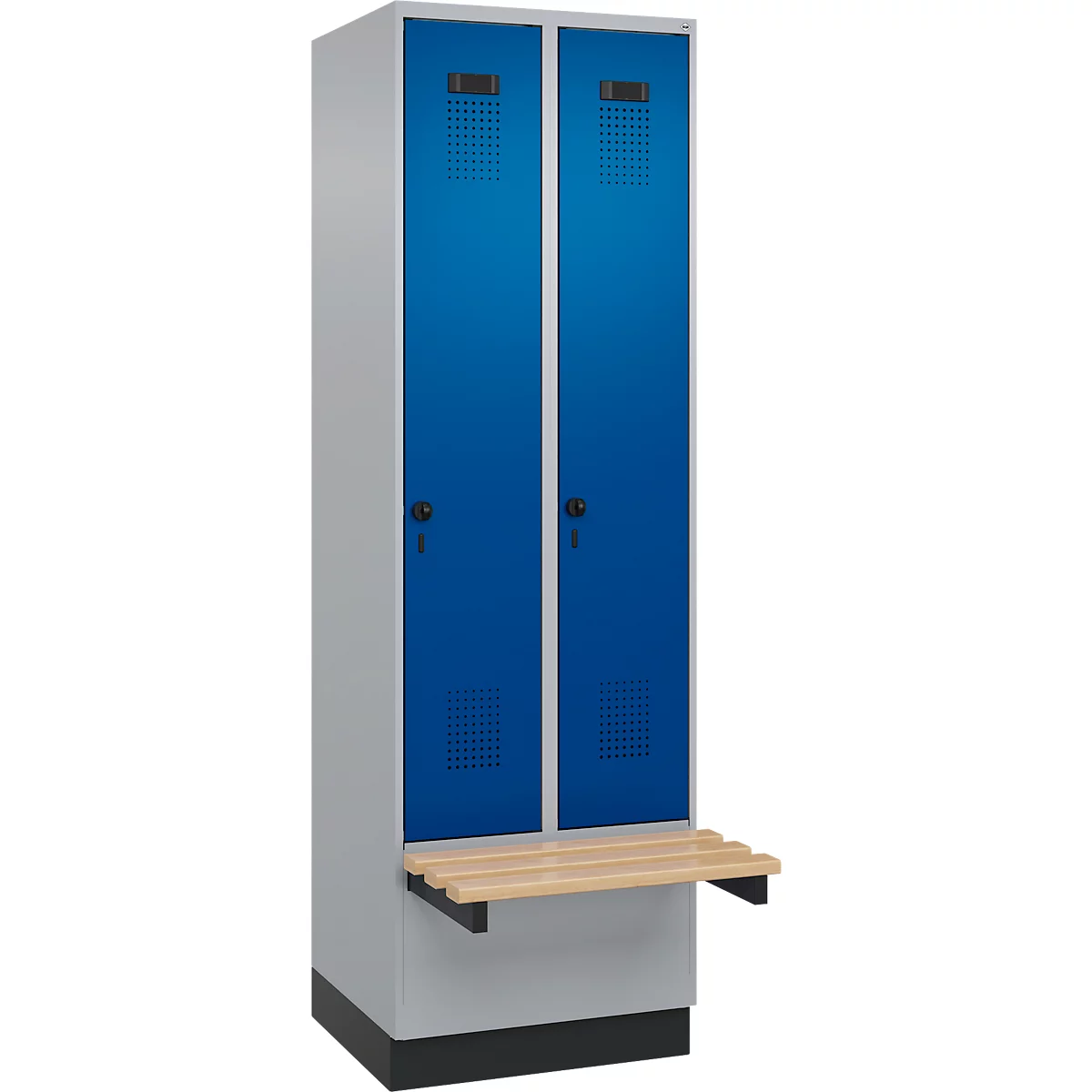 Kleiderspind C+P Evolo Plus, 2 Abteile à 300 mm Breite, Sockel, schwebende Sitzbank, B 600 x T 815 x H 1950 mm, Drehriegel, weißaluminium/enzianblau