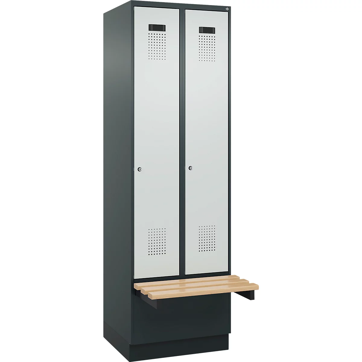 Kleiderspind C+P Evolo Plus, 2 Abteile à 300 mm Breite, Sockel, schwebende Sitzbank, B 600 x T 815 x H 1950 mm, Zylinder, anthrazitgrau/lichtgrau