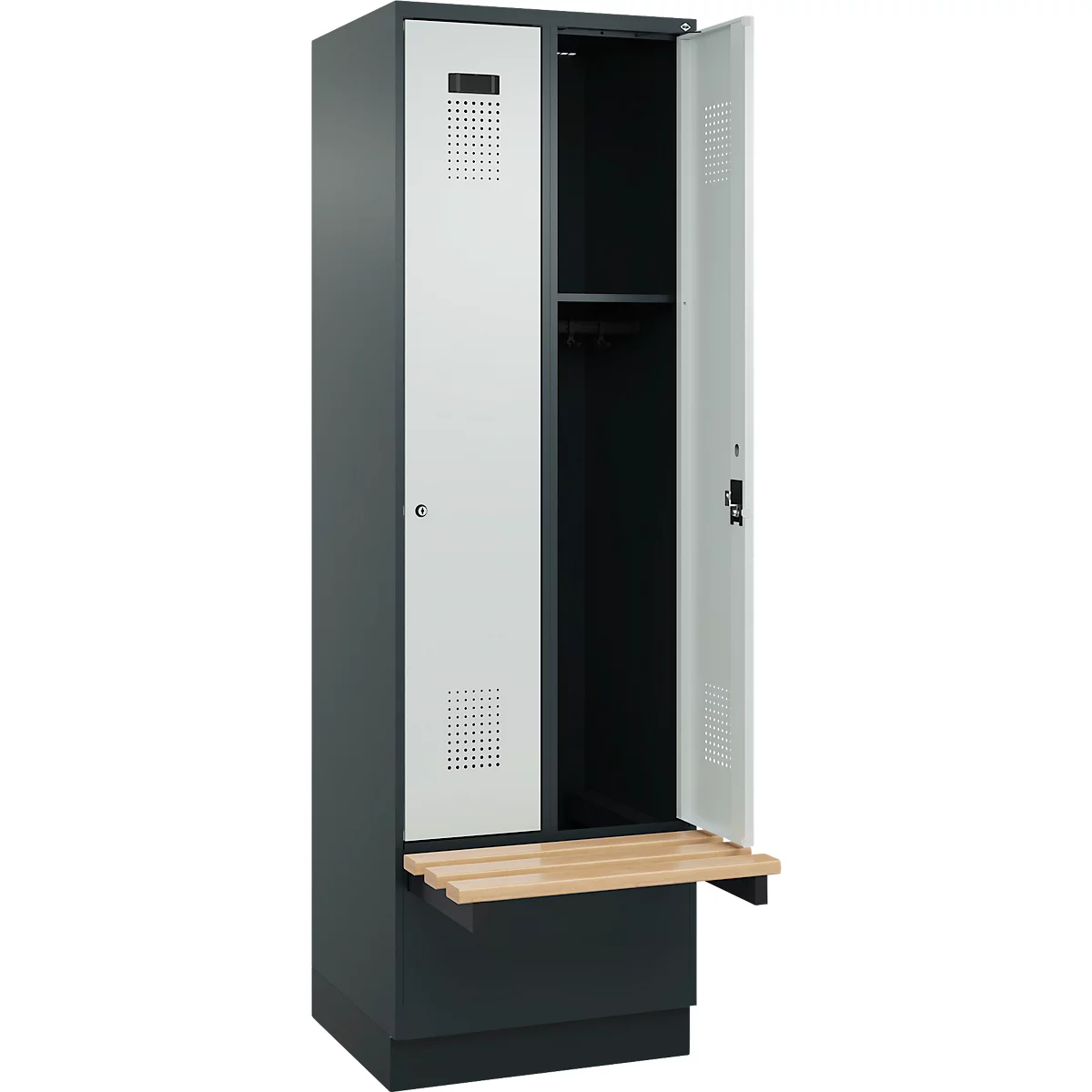 Kleiderspind C+P Evolo Plus, 2 Abteile à 300 mm Breite, Sockel, schwebende Sitzbank, B 600 x T 815 x H 1950 mm, Zylinder, anthrazitgrau/lichtgrau