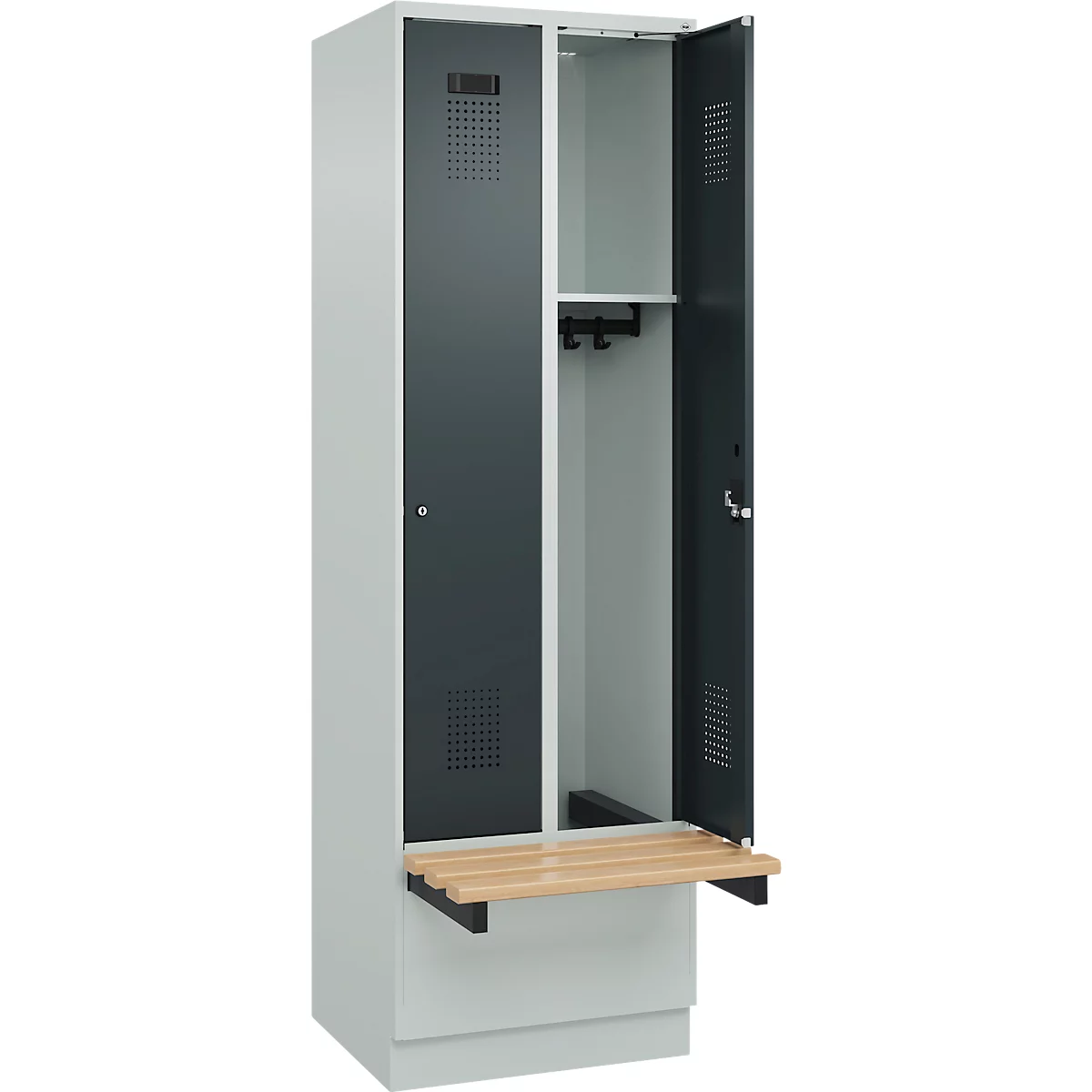 Kleiderspind C+P Evolo Plus, 2 Abteile à 300 mm Breite, Sockel, schwebende Sitzbank, B 600 x T 815 x H 1950 mm, Zylinder, lichtgrau/anthraztigrau
