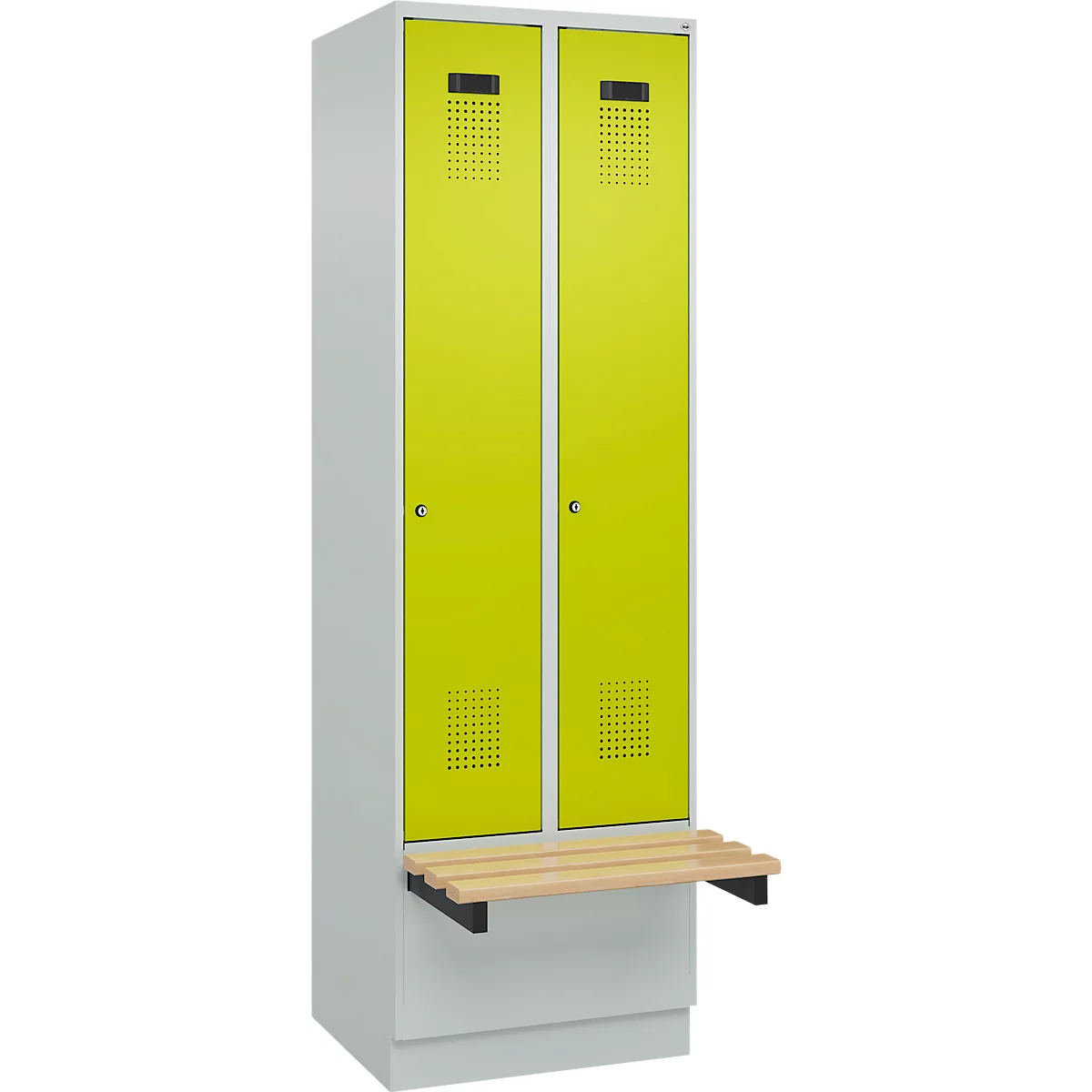 Kleiderspind C+P Evolo Plus, 2 Abteile à 300 mm Breite, Sockel, schwebende Sitzbank, B 600 x T 815 x H 1950 mm, Zylinder, lichtgrau/clowngrün