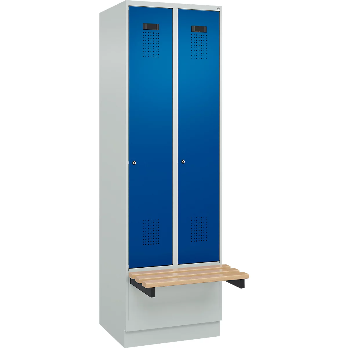 Kleiderspind C+P Evolo Plus, 2 Abteile à 300 mm Breite, Sockel, schwebende Sitzbank, B 600 x T 815 x H 1950 mm, Zylinder, lichtgrau/enzianblau