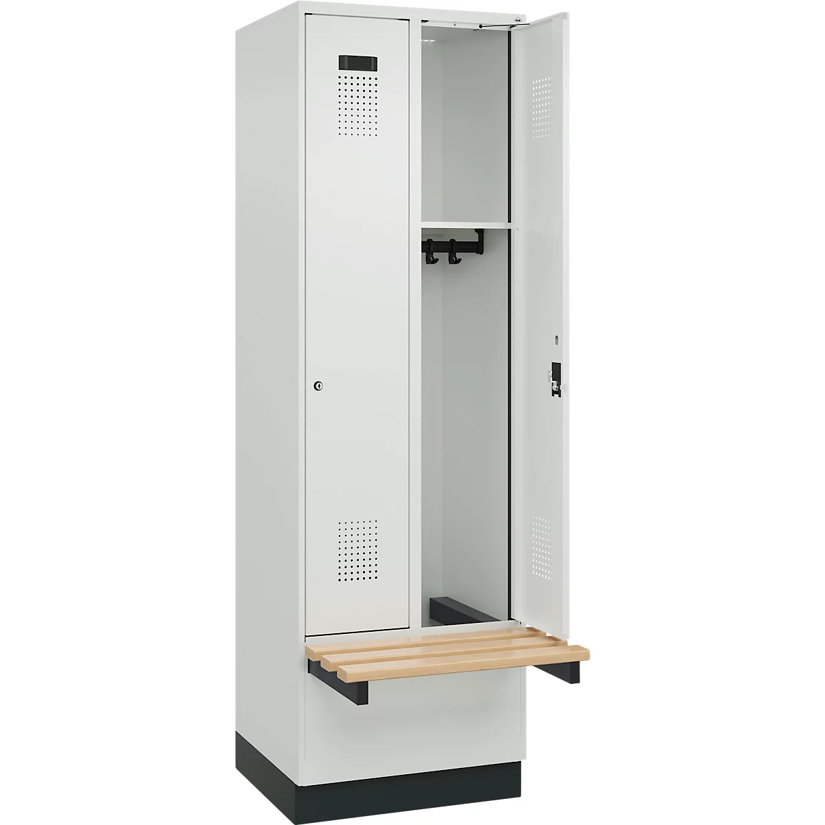 Kleiderspind C+P Evolo Plus, 2 Abteile à 300 mm Breite, Sockel, schwebende Sitzbank, B 600 x T 815 x H 1950 mm, Zylinder, lichtgrau/lichtgrau
