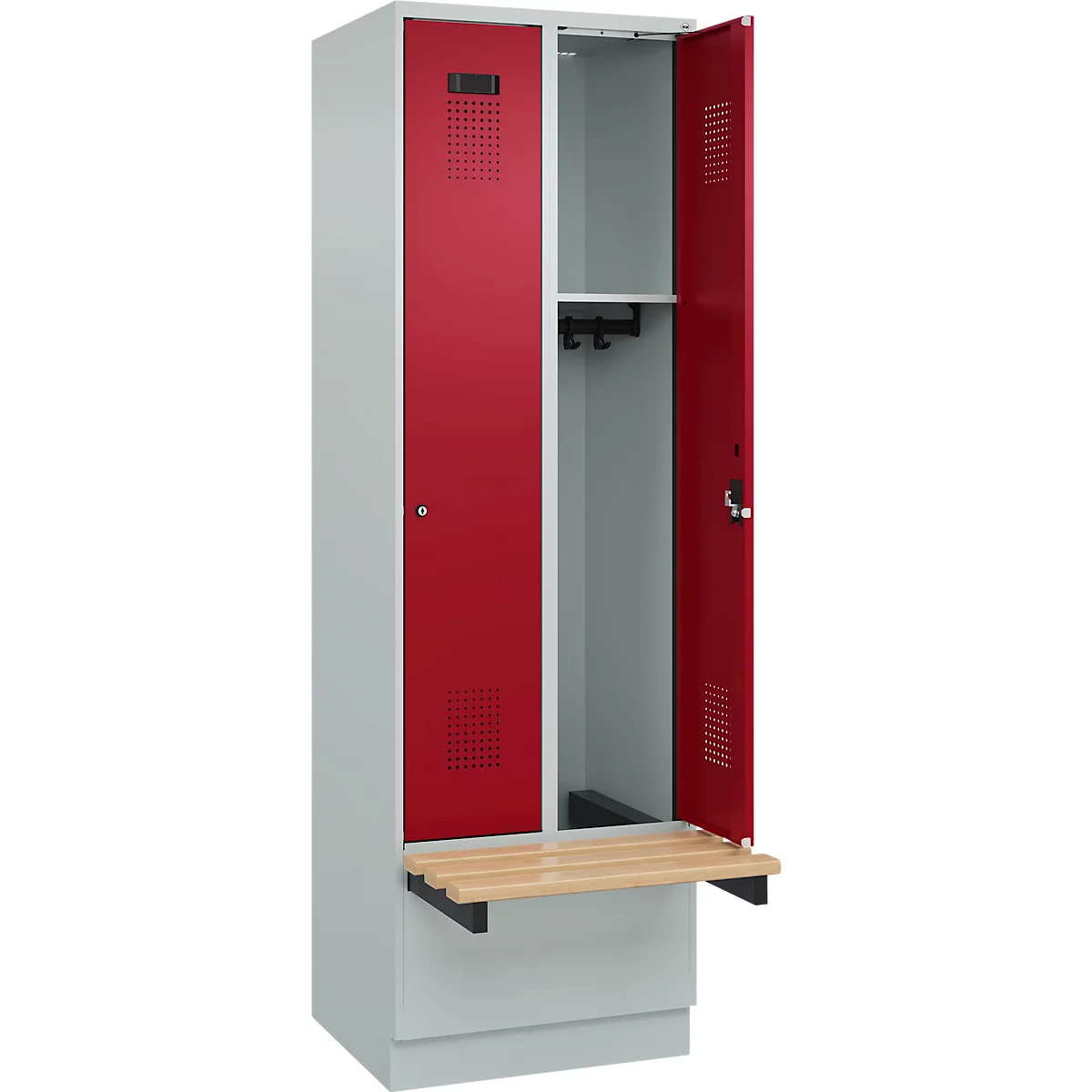 Kleiderspind C+P Evolo Plus, 2 Abteile à 300 mm Breite, Sockel, schwebende Sitzbank, B 600 x T 815 x H 1950 mm, Zylinder, lichtgrau/rubinrot
