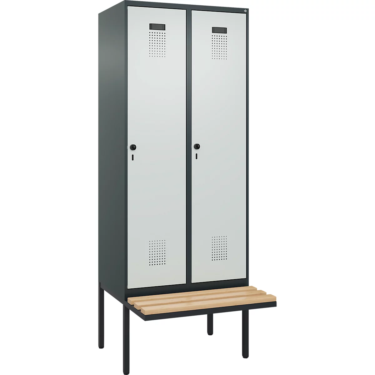 Kleiderspind C+P Evolo Plus, 2 Abteile à 400 mm Breite, schwebende Sitzbank, B 800 x T 815 x H 2120 mm, Drehriegel, anthrazitgrau/lichtgrau
