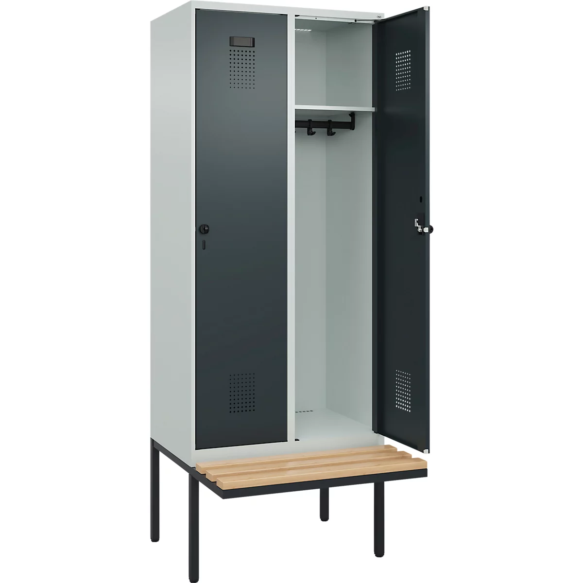 Kleiderspind C+P Evolo Plus, 2 Abteile à 400 mm Breite, schwebende Sitzbank, B 800 x T 815 x H 2120 mm, Drehriegel, lichtgrau/anthrazitgrau