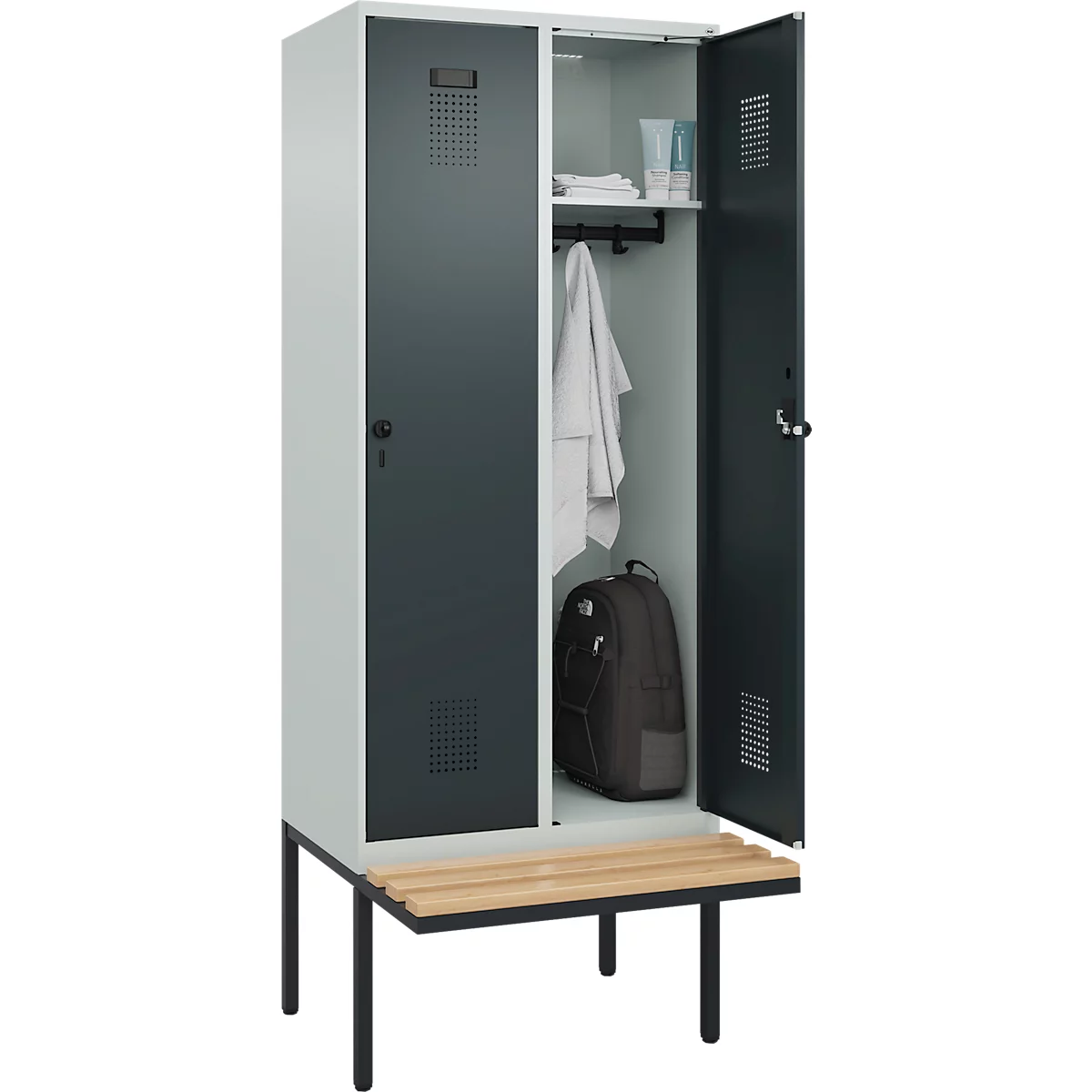 Kleiderspind C+P Evolo Plus, 2 Abteile à 400 mm Breite, schwebende Sitzbank, B 800 x T 815 x H 2120 mm, Drehriegel, lichtgrau/anthrazitgrau